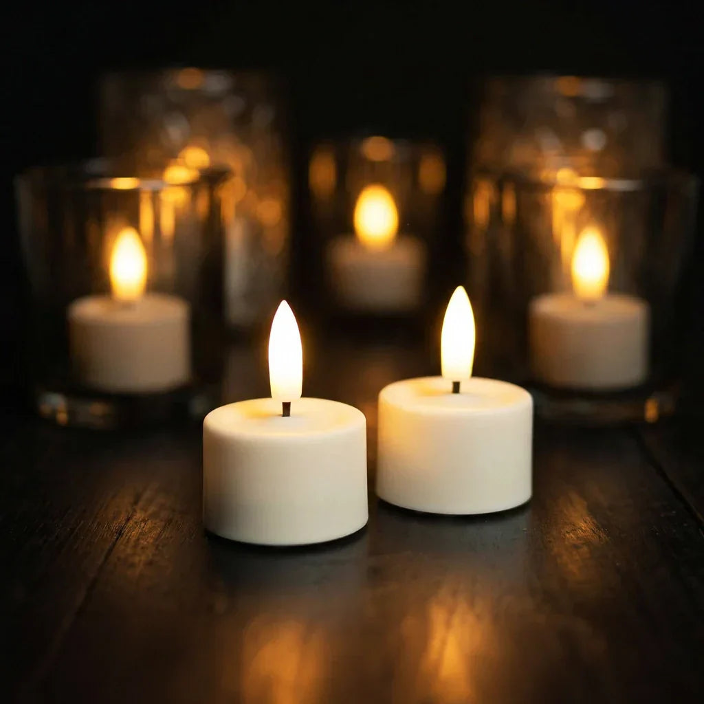 KENN glowpro oplaadbare waxinelichtjes op houten tafel met realistische 3D vlam en warme lichtkleur