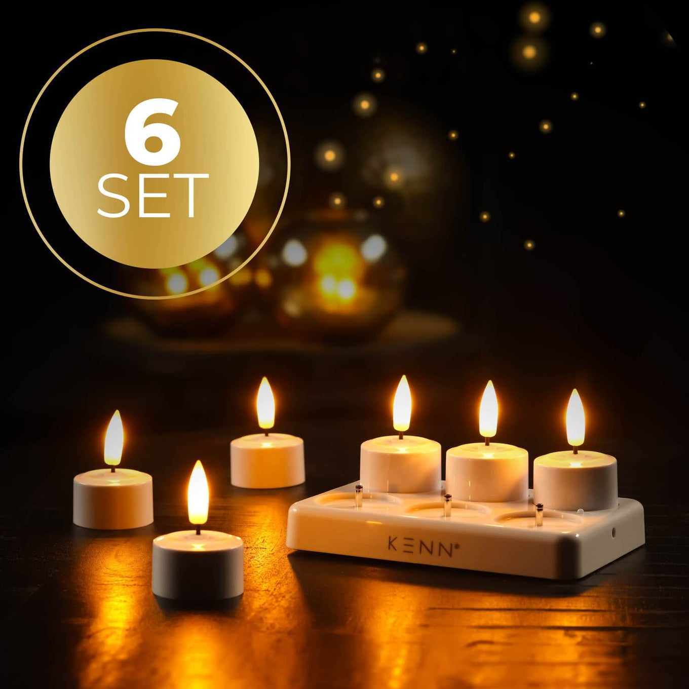 6-delige set oplaadbare LED waxinelichtjes van KENN® met afstandsbediening en laadstation – deze compacte rechargeable tealights zijn energiezuinige nep kaarsen die warm wit flikkerend licht geven, ideaal als oplaadbare theelichten voor horeca, decoratie of sfeervol thuisgebruik zonder vuur