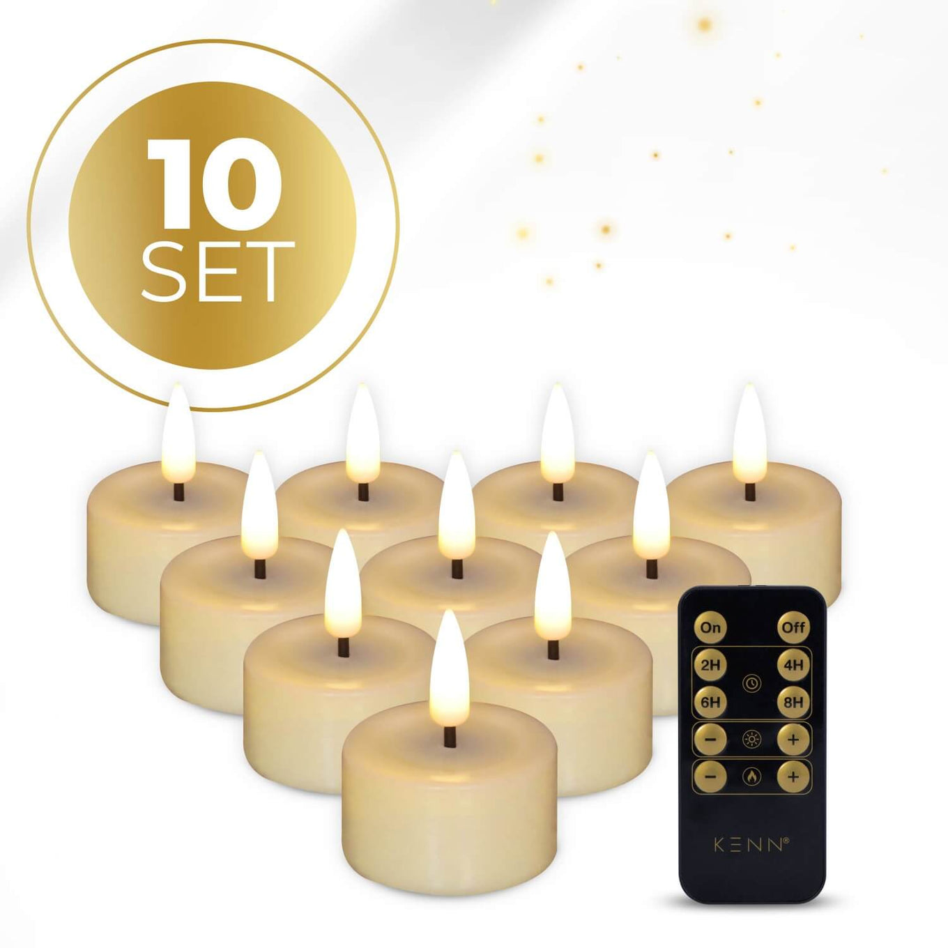 10-delige set ivoorkleurige LED waxinelichtjes op batterijen van KENN® met afstandsbediening. Deze luxe nep kaarsen – ook wel LED theelichten of battery-powered tealights genoemd – hebben een natuurgetrouwe ivoorkleur en een flikkerend warm wit vlameffect. Perfect voor sfeervolle tafeldecoratie, bruiloften, horeca, restaurants en veilig thuisgebruik zonder vuur of rook. De kaarsjes werken op CR2450 batterijen (inbegrepen) en kunnen op afstand worden bediend.
