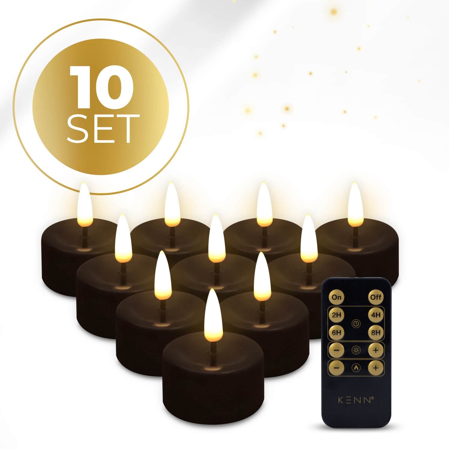 10-delige set zwarte LED waxinelichtjes op batterijen van KENN®, geleverd met afstandsbediening. Deze stijlvolle nep theelichtjes, ook bekend als LED kaarsjes of battery-powered tealights, hebben een flikkerend warm wit licht dat zorgt voor veilige en sfeervolle verlichting. Ideaal als kaarslicht zonder vlam voor horeca, bruiloften, tafeldecoratie, restaurants of thuisgebruik. Werkt op CR2450 batterijen (inbegrepen) – realistisch vlameffect en eenvoudig in- en uitschakelen met afstandsbediening.