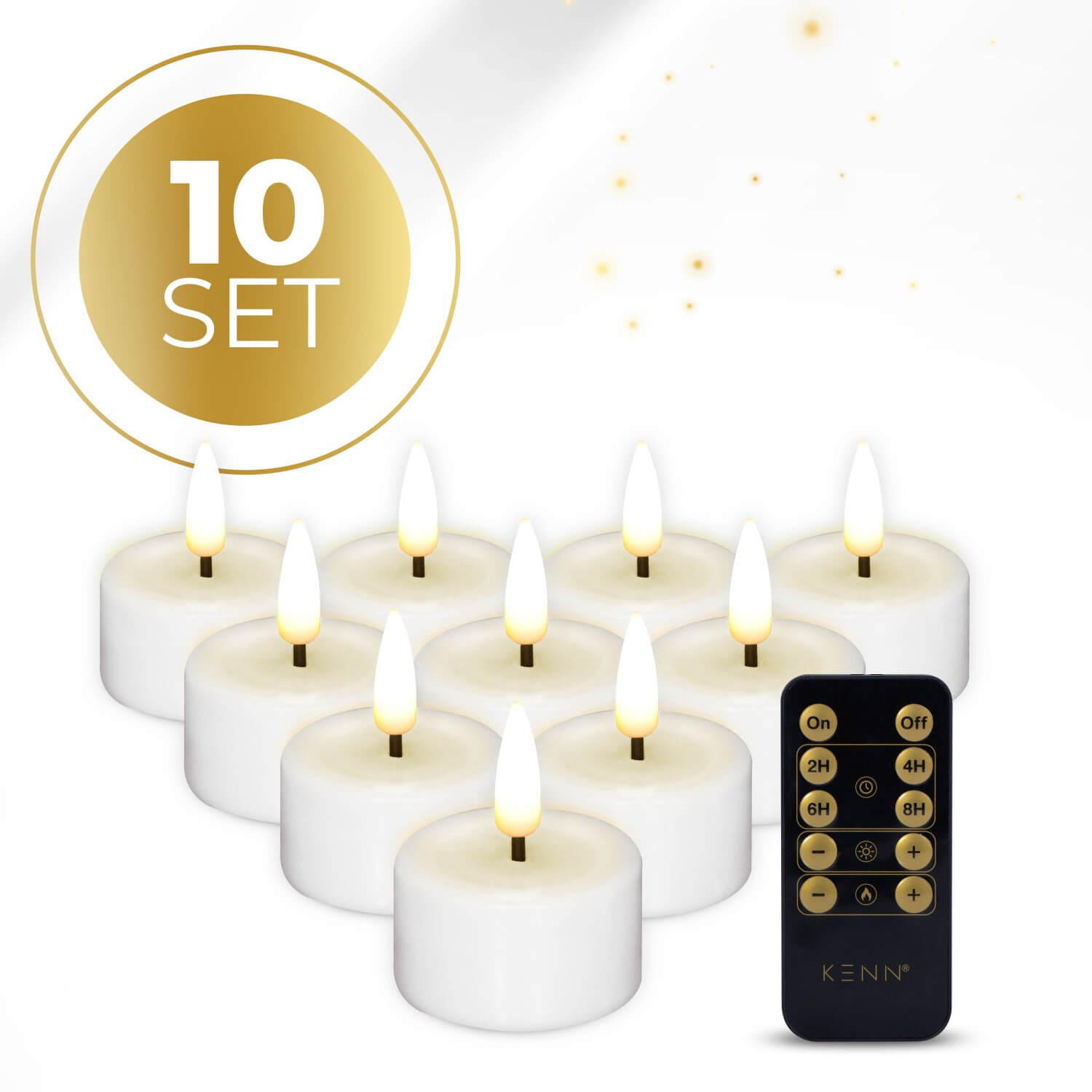 10-delige set witte LED waxinelichtjes op batterijen van KENN® met afstandsbediening. Deze moderne nep kaarsen (ook bekend als LED theelichten of battery-powered tealights) geven een sfeervol, flikkerend warm wit licht. Ideaal voor veilige kaarsverlichting zonder open vlam, perfect voor tafeldecoratie, restaurants, bruiloften of gezellige avonden thuis. Werkt op CR2450 knoopcelbatterijen (meegeleverd) en is eenvoudig te bedienen via de meegeleverde afstandsbediening