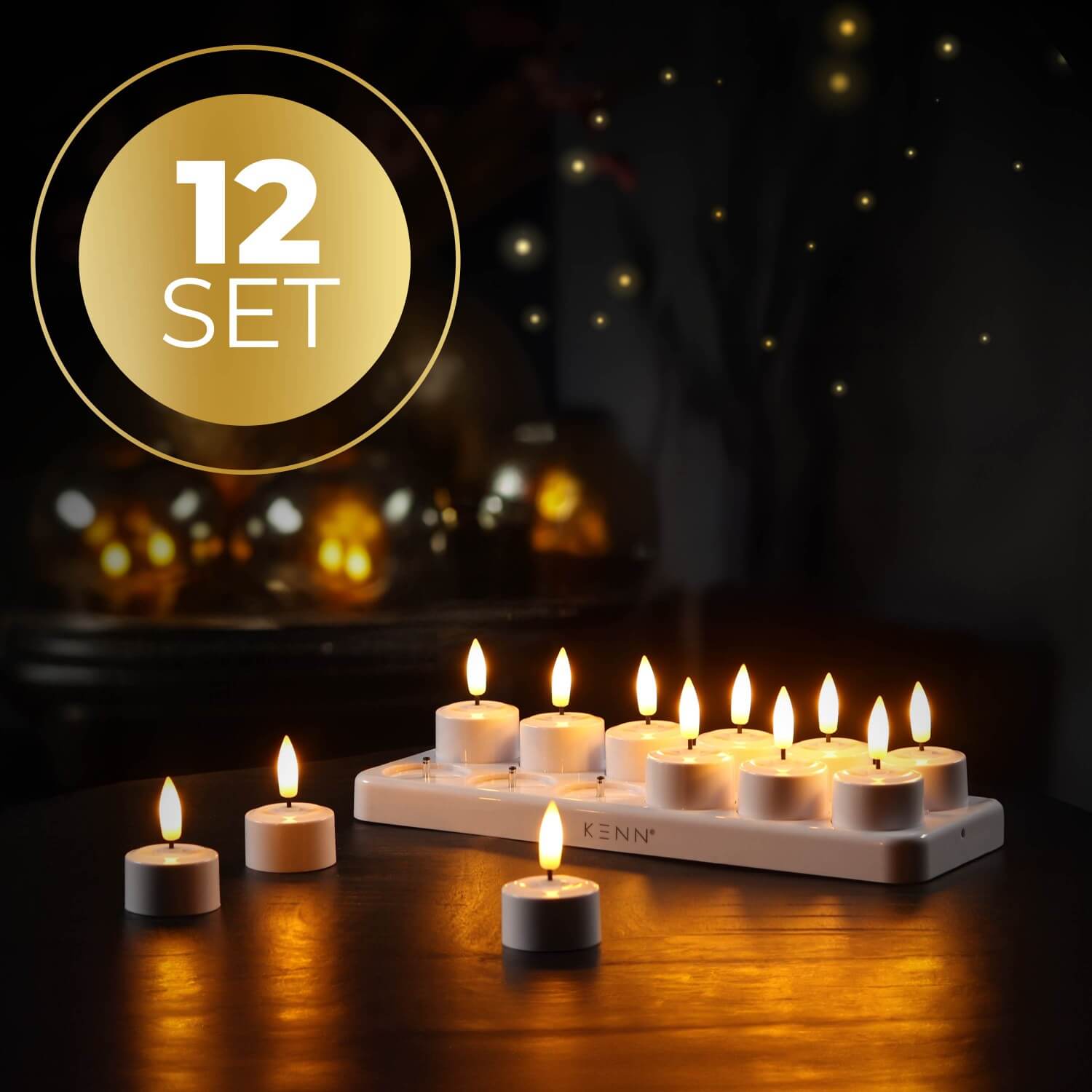 12-delige set oplaadbare LED waxinelichtjes van KENN® – inclusief laadstation en afstandsbediening. Deze duurzame nep kaarsen (ook wel rechargeable tealights of oplaadbare theelichten genoemd) geven een realistisch flikkerend warm wit licht, ideaal voor horeca, huisdecoratie of veilige sfeerverlichting zonder open vuur.