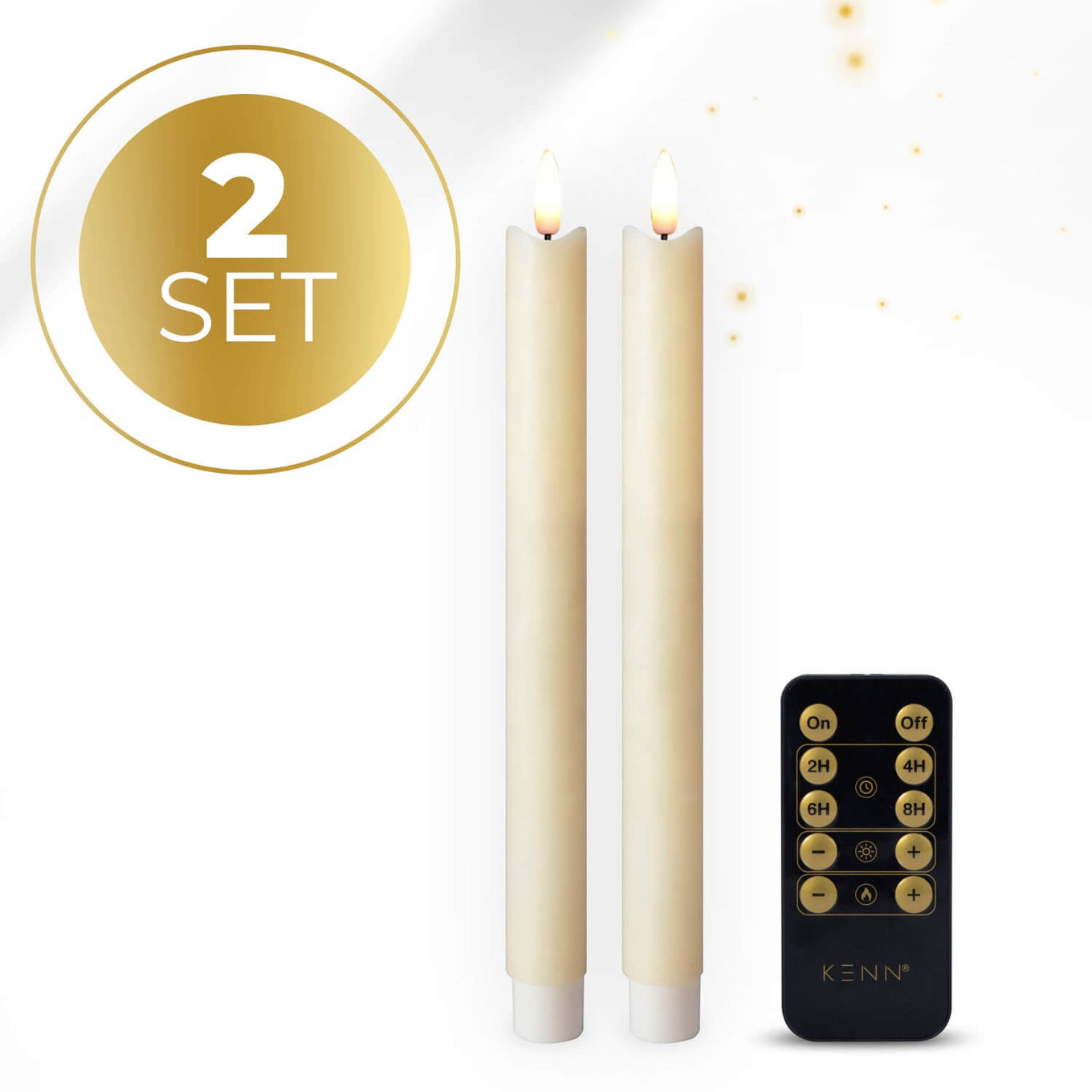 2-delige set ivoorkleurige LED dinerkaarsen op batterijen van KENN®, met afstandsbediening. Deze elegante nep kaarsen – ook wel bekend als LED kaarsen of battery-powered taper candles – zijn gemaakt van echt wax en geven een flikkerend warm wit licht dat lijkt op een echte vlam. De zachte ivoorkleur past perfect in elk interieur en is ideaal voor sfeervolle tafeldecoratie, diners, feestdagen, horeca of bruiloften. Werkt op batterijen (inbegrepen) en is eenvoudig te bedienen met de afstandsbediening.