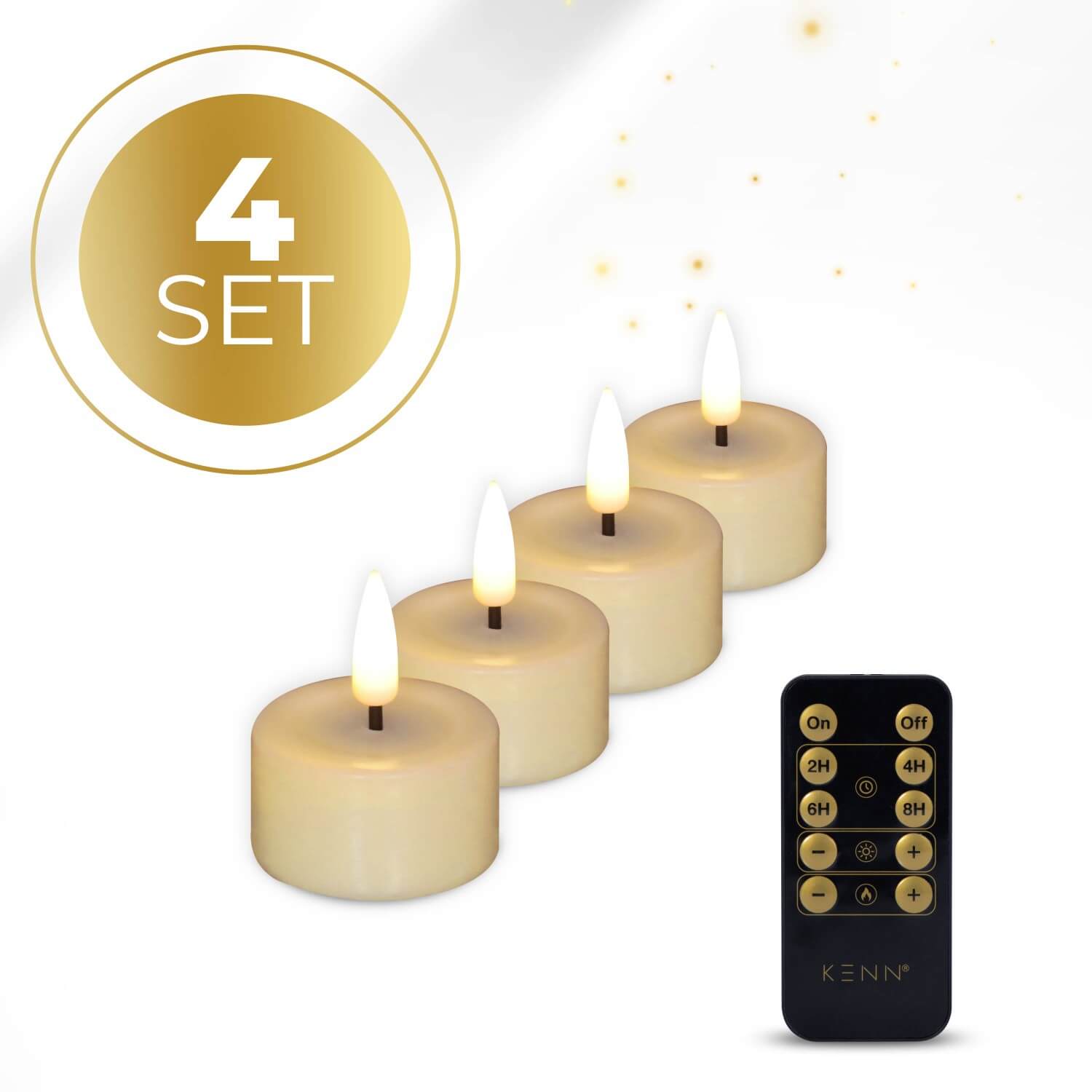 4-delige set ivoorkleurige LED waxinelichtjes op batterijen van KENN®, met afstandsbediening. Deze elegante LED kaarsen – ook wel bekend als nep kaarsen, LED theelichten of battery-powered tealights – hebben een zachte ivoorkleur en geven een realistisch flikkerend warm wit licht. Perfect voor veilige sfeerverlichting zonder open vuur, ideaal voor tafeldecoratie, bruiloften, horeca of dagelijks gebruik. Inclusief CR2450 batterijen en afstandsbediening.