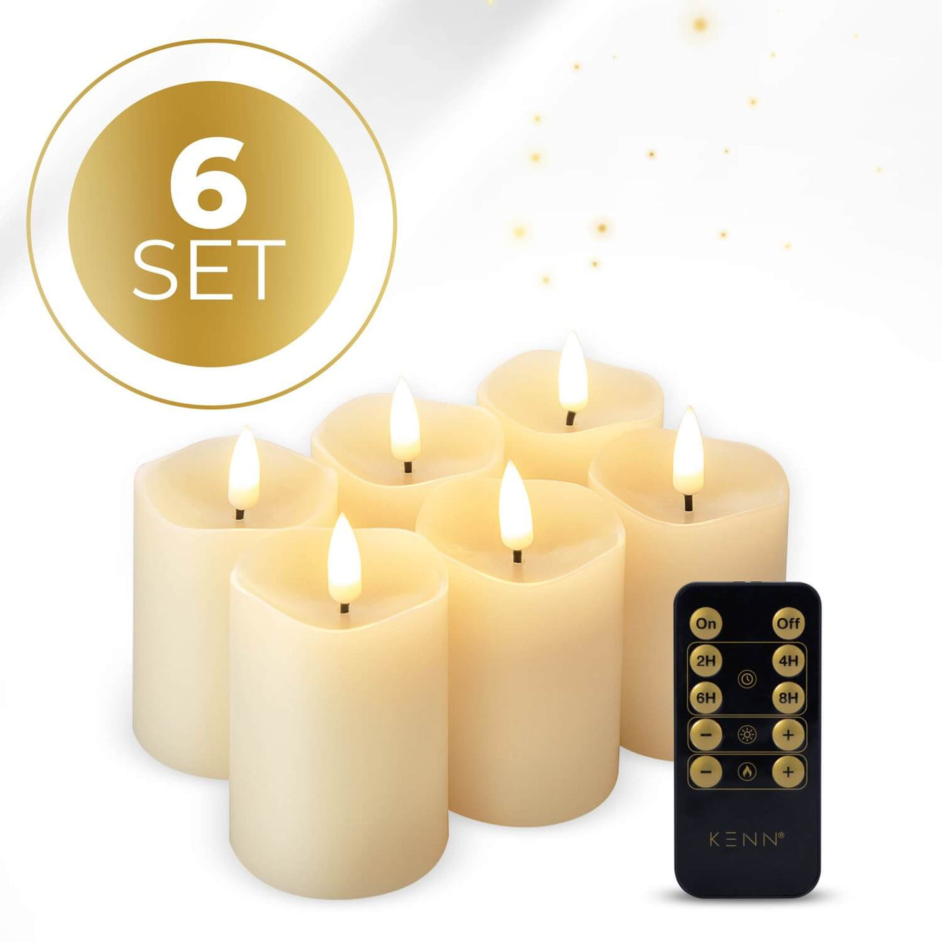 6-delige set ivoorkleurige LED stompkaarsen op batterijen van KENN® met afstandsbediening. Deze elegante nep kaarsen – ook wel LED kaarsen of battery-powered pillar candles genoemd – zijn gemaakt van echt wax en geven een realistisch flikkerend warm wit licht. De ivoorkleur past perfect in elk interieur, van modern tot klassiek. Ideaal voor sfeervolle en veilige kaarsverlichting zonder open vlam, geschikt voor tafeldecoratie, horeca, bruiloften of dagelijks gebruik. Inclusief CR2450 batterijen en afstandsbe