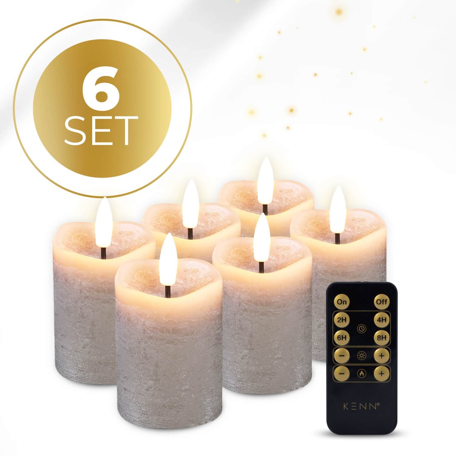 6-delige set taupekleurige LED stompkaarsen van KENN® met afstandsbediening. Deze elegante nep kaarsen van echt wax geven een realistisch flikkerend warm wit licht en zijn dimbaar via afstandsbediening. Perfect voor veilige en sfeervolle verlichting in huis, horeca, feesten of dagelijks gebruik. Werkt op batterijen (CR2450 inbegrepen).
