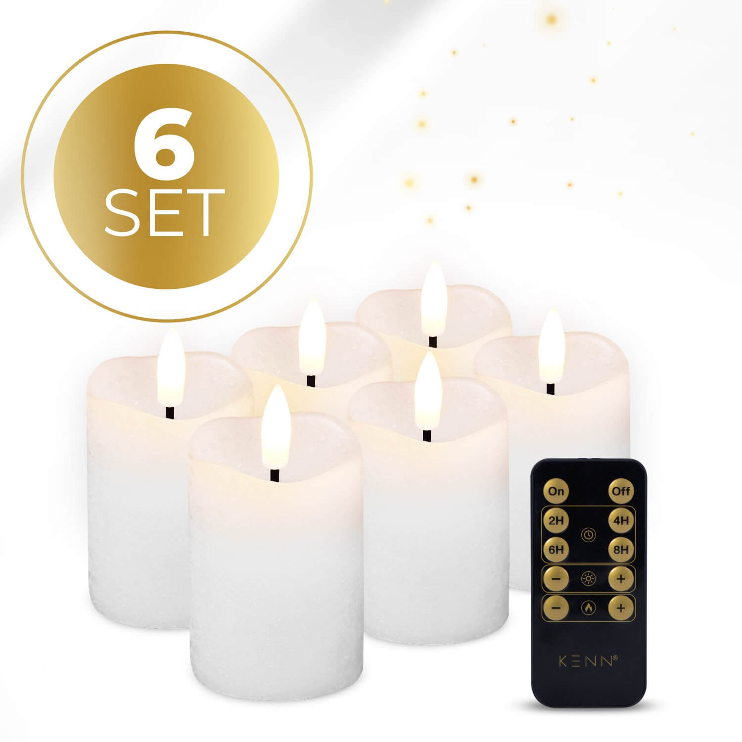 6-delige set witte LED stompkaarsen van KENN® met afstandsbediening. Deze stijlvolle nep kaarsen zijn gemaakt van echt wax en geven een realistisch flikkerend warm wit licht. De kaarsen zijn dimbaar en voorzien van een timerfunctie. Ideaal voor veilige sfeerverlichting zonder vuur, geschikt voor thuisgebruik, horeca of feestelijke decoratie. Werkt op CR2450 batterijen (meegeleverd).