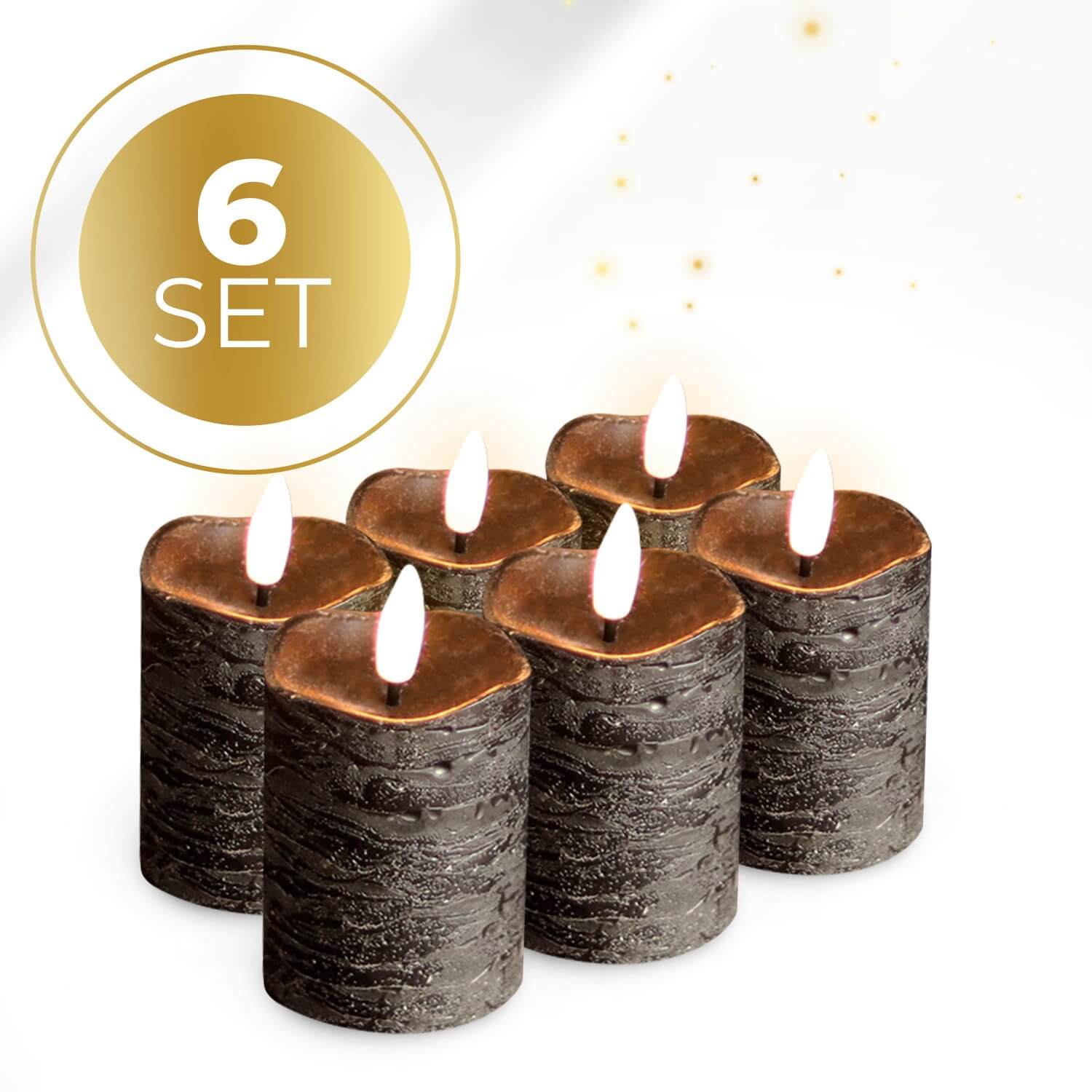 6-delige set zwarte LED stompkaarsen op batterijen van KENN®, met automatische timerfunctie. Deze stijlvolle nep kaarsen – ook wel LED kaarsen of battery-powered pillar candles genoemd – hebben een moderne matzwarte afwerking en geven een flikkerend warm wit licht voor sfeervolle en veilige verlichting zonder open vuur. De automatische timer schakelt de kaarsen dagelijks op hetzelfde tijdstip in en uit, ideaal voor zorgeloos gebruik in huis, horeca, events of decoratie. Gemaakt van echt wax, werkt op CR2450