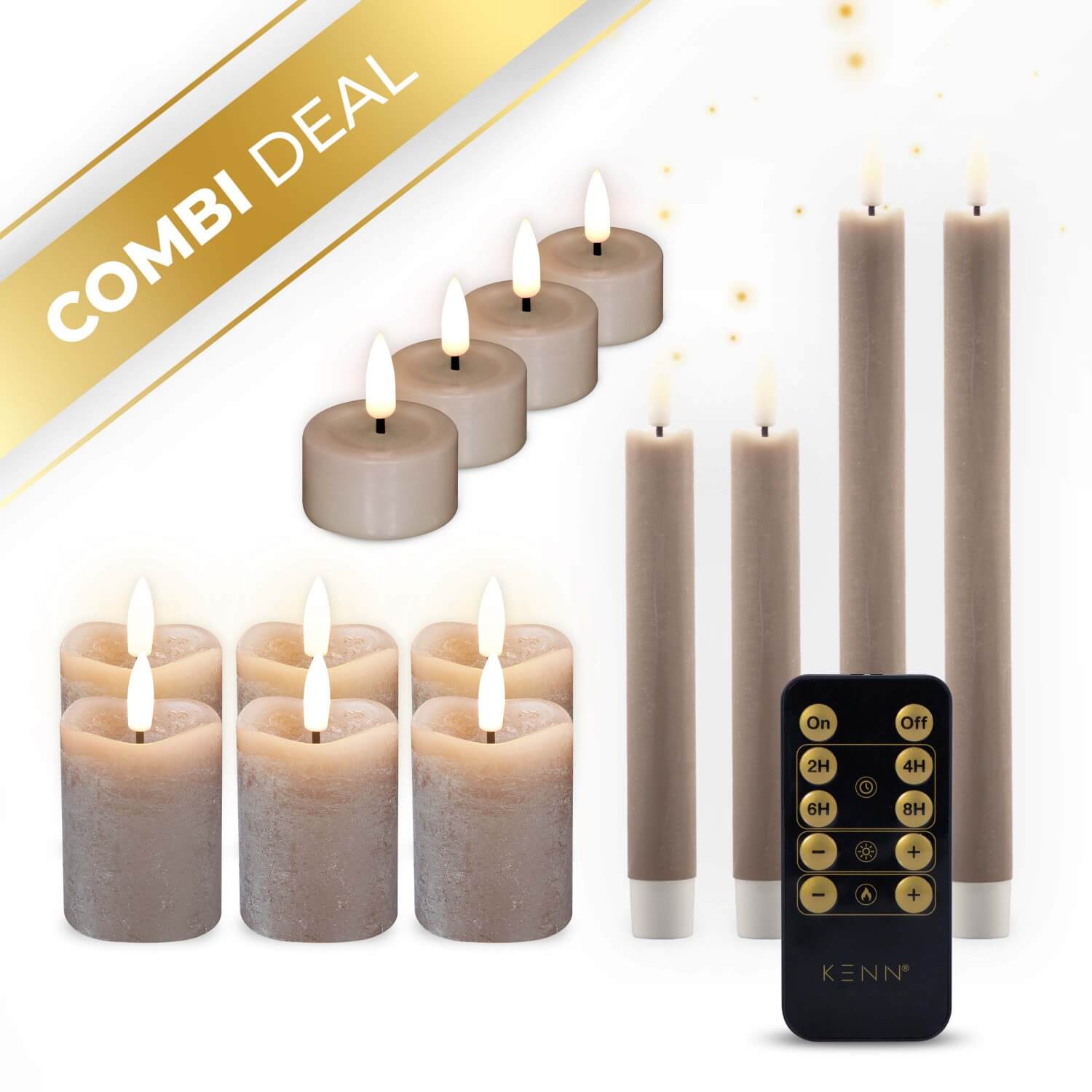 KENN® complete kaarsenbundel met 14 taupekleurige 3D LED kaarsen van echt wax, bestaande uit 4 waxinelichtjes, 4 dinerkaarsen en 6 stompkaarsen. De kaarsen zijn voorzien van een realistisch flikkerend vlameffect en worden geleverd met meerdere afstandsbedieningen. Dankzij de dimbare helderheid en instelbare timer zijn deze nep kaarsen perfect voor veilige sfeerverlichting in huis, horeca of tijdens feesten.