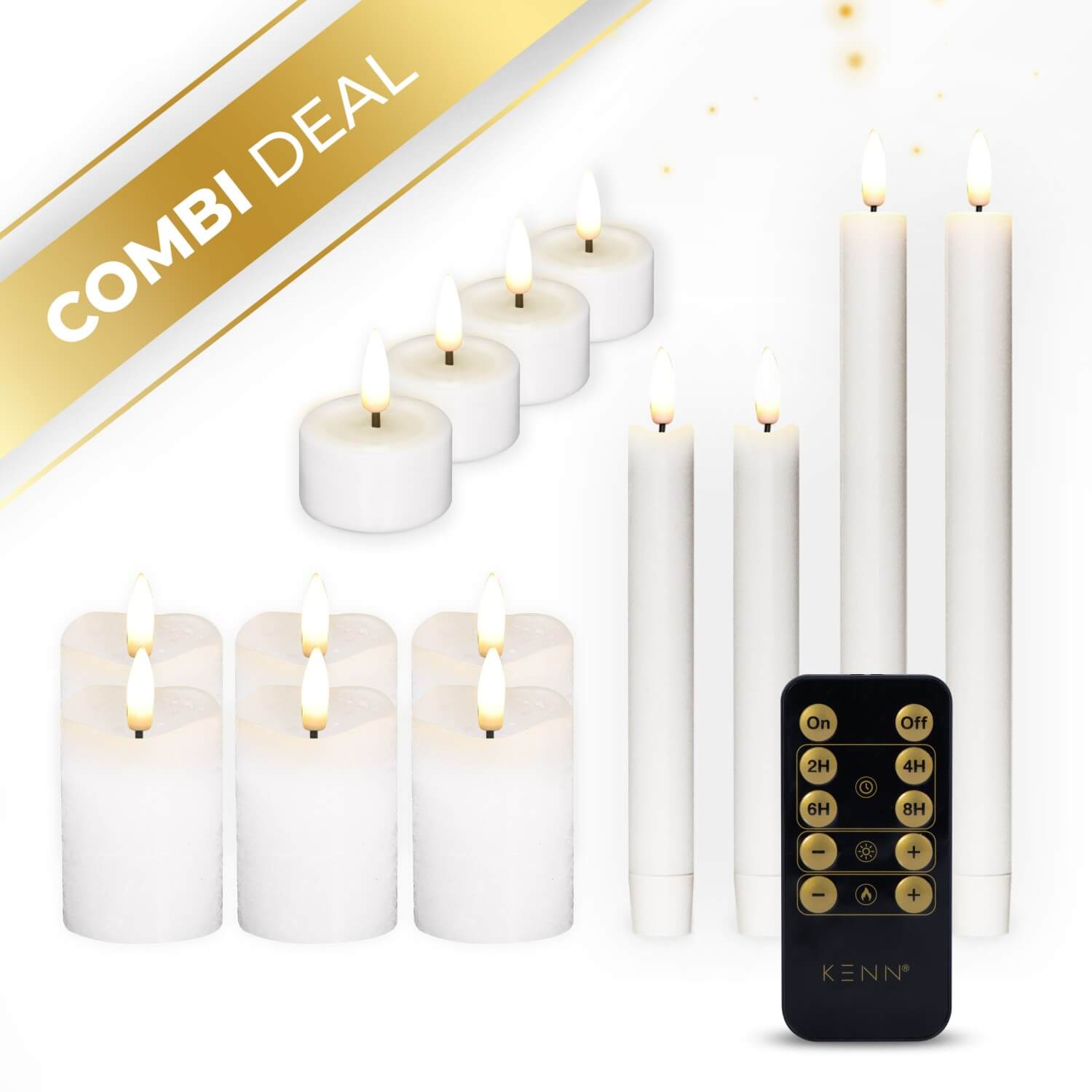 KENN® complete kaarsenbundel met 14 witte 3D LED kaarsen van echt wax, bestaande uit 4 waxinelichtjes, 4 dinerkaarsen en 6 stompkaarsen. Elke kaars heeft een realistisch flikkerend vlameffect en werkt op afstandsbediening. Met dimbare lichtstanden en instelbare timer bieden deze nep kaarsen veilige, sfeervolle verlichting voor elk interieur, feest of horecagelegenheid.