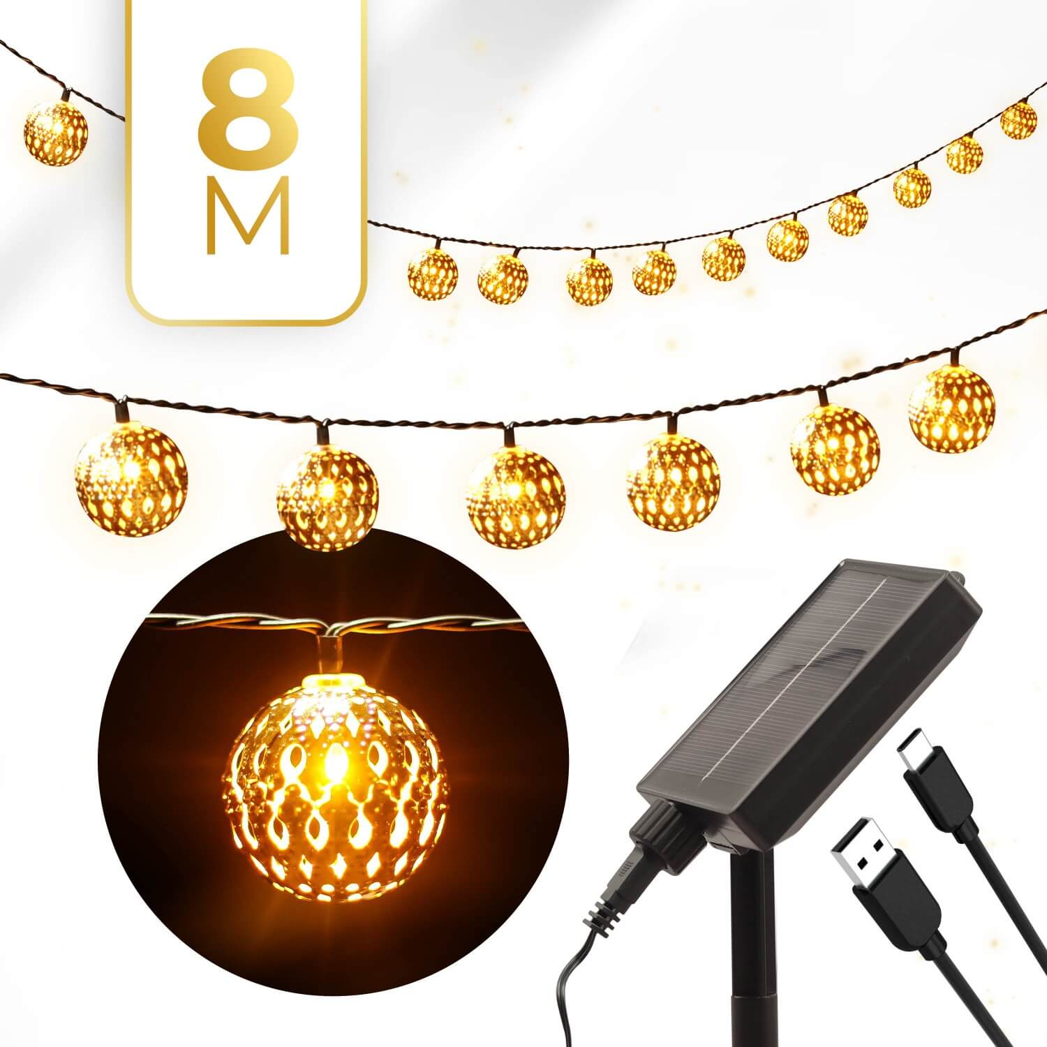 KENN® 2-in-1 Marrakech lichtsnoer op zonne-energie – 8 meter lang LED lichtsnoer in goudkleur met geïntegreerd zonnepaneel en 8 instelbare lichtstanden, waaronder knipperend en constant. Solar buitenverlichting die automatisch inschakelt bij schemering. Weerbestendig, draadloos en ideaal voor sfeervolle decoratie van tuin, terras, balkon of feestlocatie.