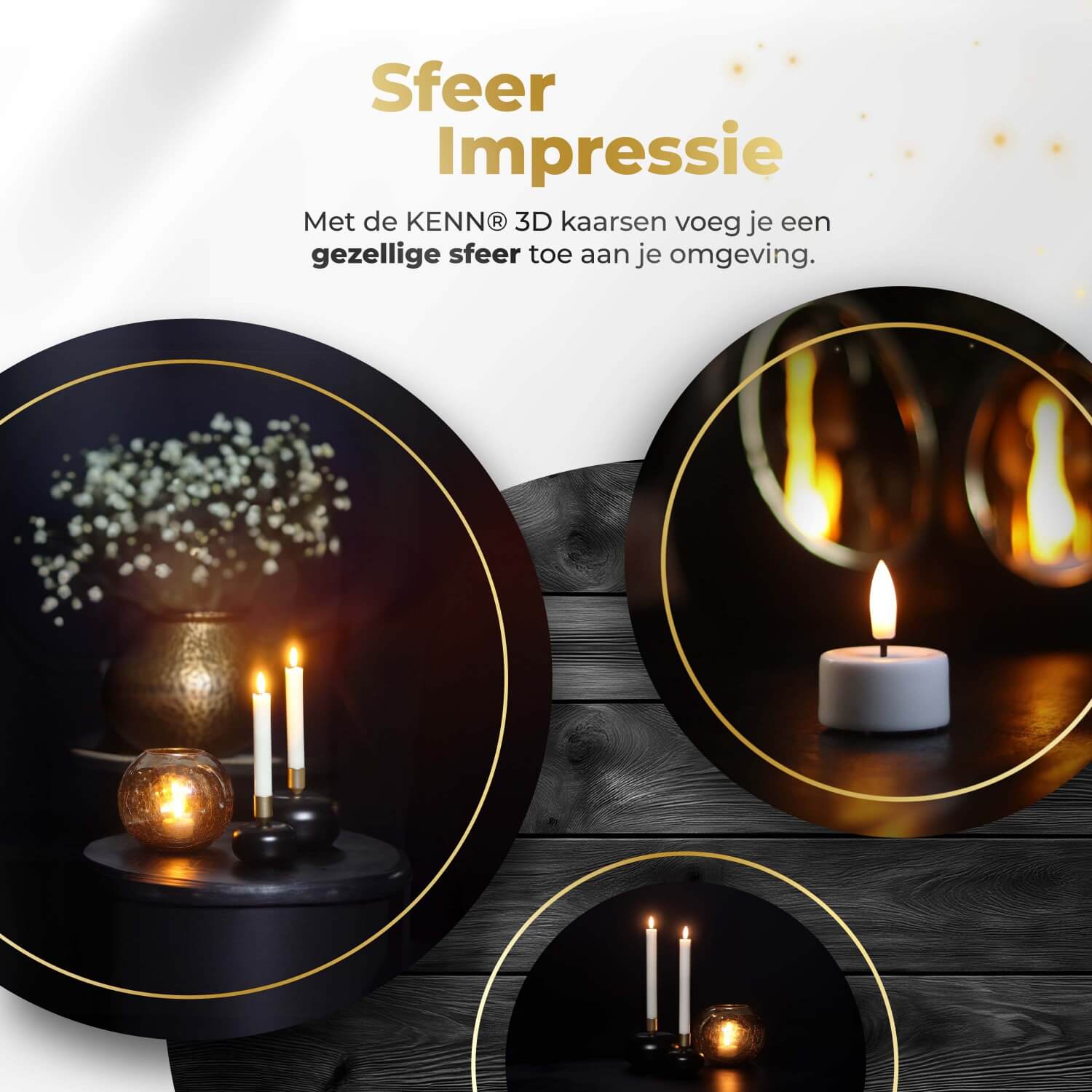 KENN® complete kaarsenbundel met 14 witte 3D LED kaarsen van echt wax, bestaande uit 4 waxinelichtjes, 4 dinerkaarsen en 6 stompkaarsen. Elke kaars heeft een realistisch flikkerend vlameffect en werkt op afstandsbediening. Met dimbare lichtstanden en instelbare timer bieden deze nep kaarsen veilige, sfeervolle verlichting voor elk interieur, feest of horecagelegenheid.