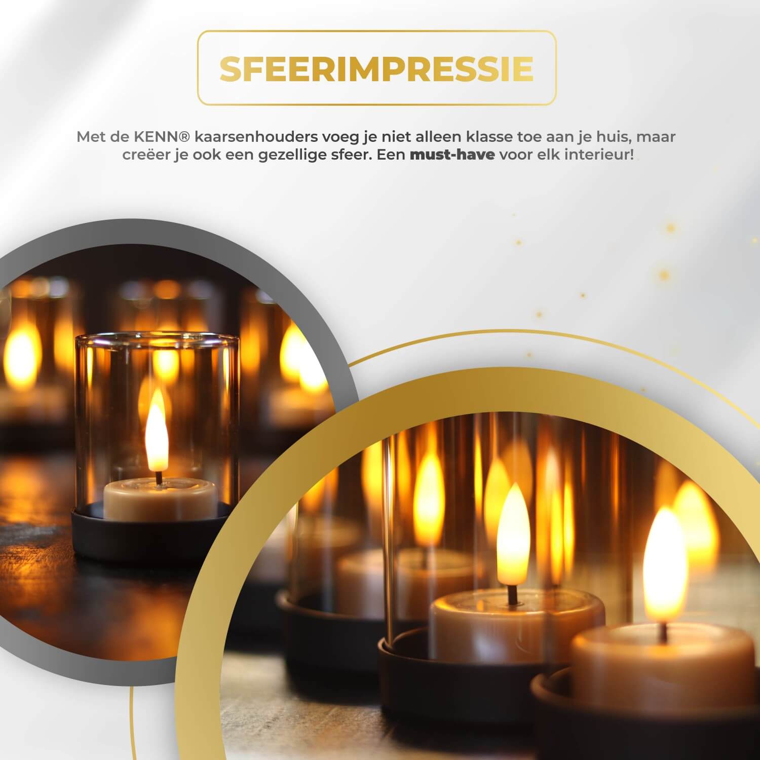 "Set van 4 kleine KENN® industriële kaarsenhouders van metaal met zandkleurig goud glas – elegante houders voor waxinelichtjes en stompkaarsen. Luxe, warme uitstraling door goudkleurig glas, perfect als sfeervolle tafeldecoratie in een landelijk, modern of industrieel interieur. Geschikt voor binnen én buitengebruik.
