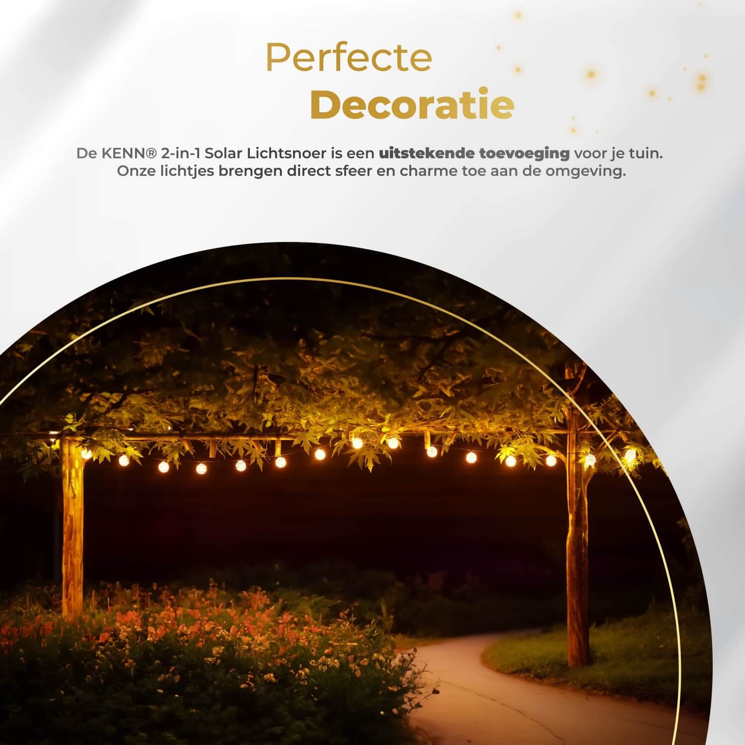KENN® 2-in-1 Marrakech lichtsnoer op zonne-energie – 8 meter lang LED lichtsnoer in goudkleur met geïntegreerd zonnepaneel en 8 instelbare lichtstanden, waaronder knipperend en constant. Solar buitenverlichting die automatisch inschakelt bij schemering. Weerbestendig, draadloos en ideaal voor sfeervolle decoratie van tuin, terras, balkon of feestlocatie.