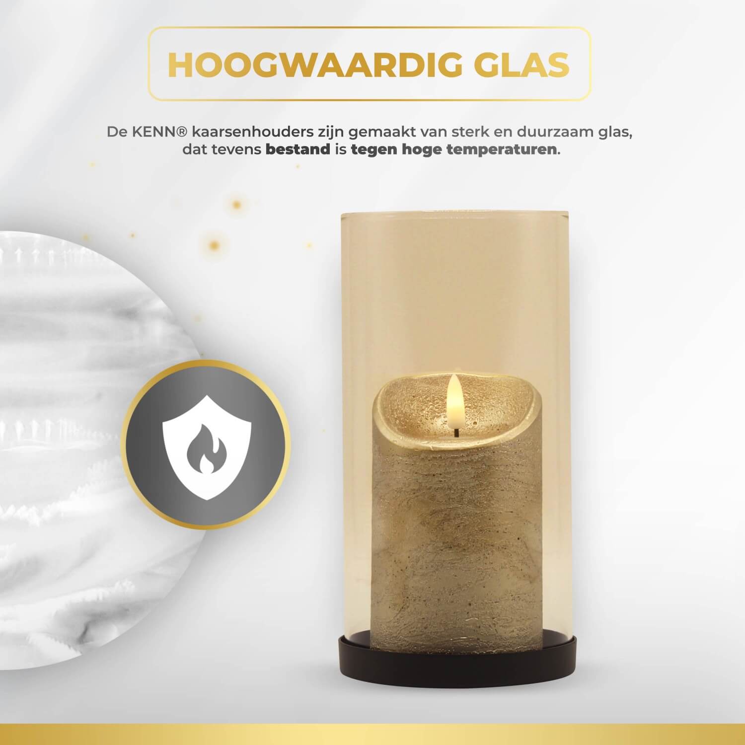 "KENN® Lichtermeer – set van 3 industriële glazen kaarsenhouders met zwarte metalen basis en zandkleurig goud glas. Stijlvol en tijdloos design dat warmte en luxe toevoegt aan je interieur. Geschikt voor verschillende kaarsformaten zoals stompkaarsen en waxinelichtjes. Gemaakt van hoogwaardig glas en metaal voor langdurig gebruik. Formaten: 15 cm, 20 cm en 25 cm hoog – ideaal als windlichten voor tafel, vensterbank of kast.