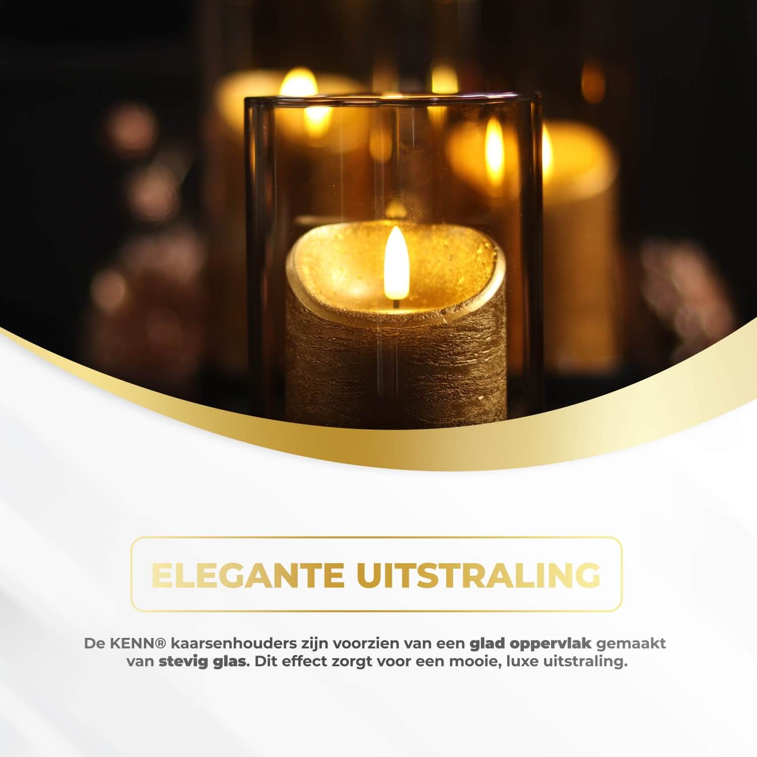 "KENN® Lichtermeer – set van 3 industriële glazen kaarsenhouders met zwarte metalen basis en zandkleurig goud glas. Stijlvol en tijdloos design dat warmte en luxe toevoegt aan je interieur. Geschikt voor verschillende kaarsformaten zoals stompkaarsen en waxinelichtjes. Gemaakt van hoogwaardig glas en metaal voor langdurig gebruik. Formaten: 15 cm, 20 cm en 25 cm hoog – ideaal als windlichten voor tafel, vensterbank of kast.