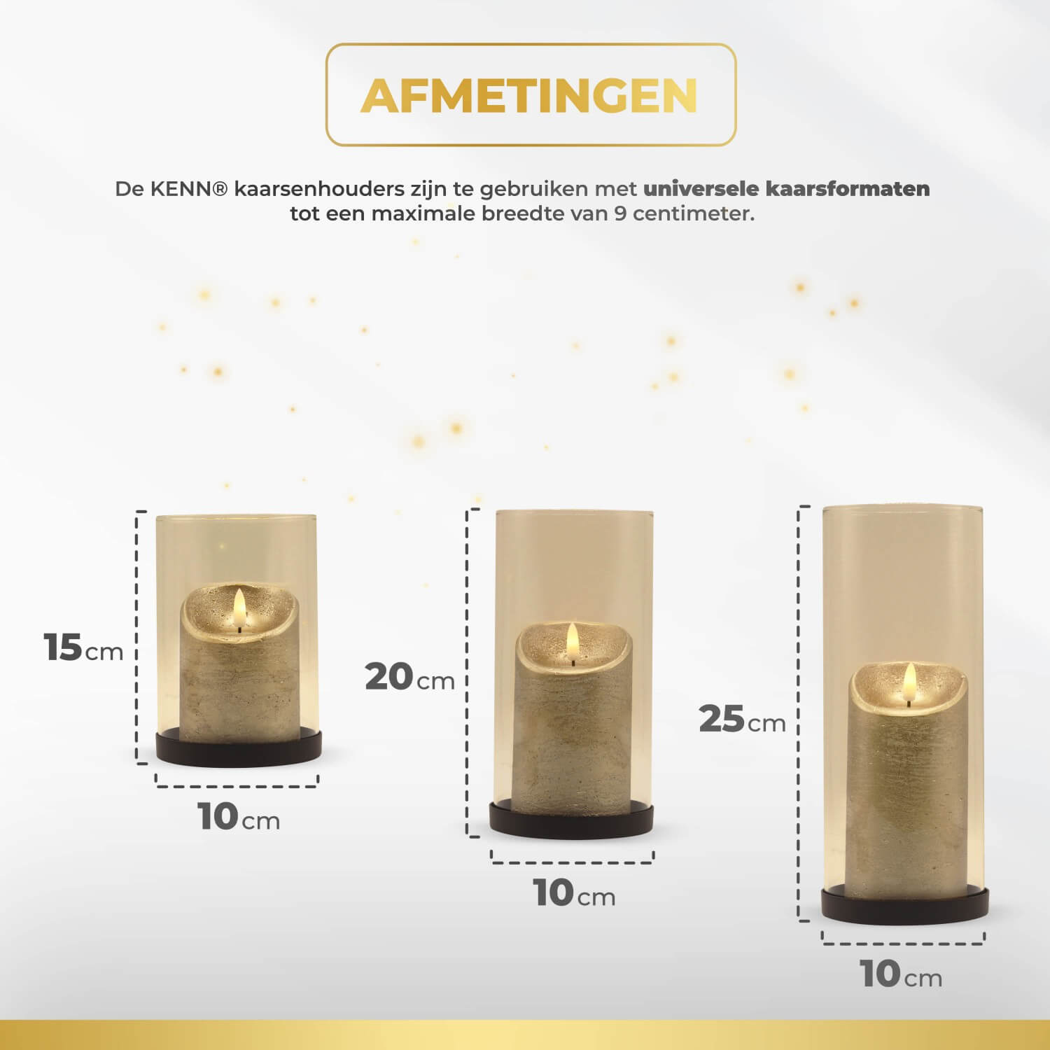 "KENN® Lichtermeer – set van 3 industriële glazen kaarsenhouders met zwarte metalen basis en zandkleurig goud glas. Stijlvol en tijdloos design dat warmte en luxe toevoegt aan je interieur. Geschikt voor verschillende kaarsformaten zoals stompkaarsen en waxinelichtjes. Gemaakt van hoogwaardig glas en metaal voor langdurig gebruik. Formaten: 15 cm, 20 cm en 25 cm hoog – ideaal als windlichten voor tafel, vensterbank of kast.