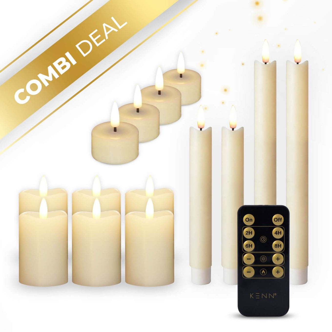 KENN® complete kaarsenbundel met 14 ivoorkleurige 3D LED kaarsen van echt wax, bestaande uit 4 waxinelichtjes, 4 dinerkaarsen en 6 stompkaarsen. De kaarsen hebben een realistisch flikkerend vlameffect en zijn uitgerust met afstandsbedieningen, dimbare lichtstanden en een instelbare timer. Perfecte nep kaarsen voor veilige, warme sfeerverlichting in huis, horeca of tijdens feestelijke gelegenheden.