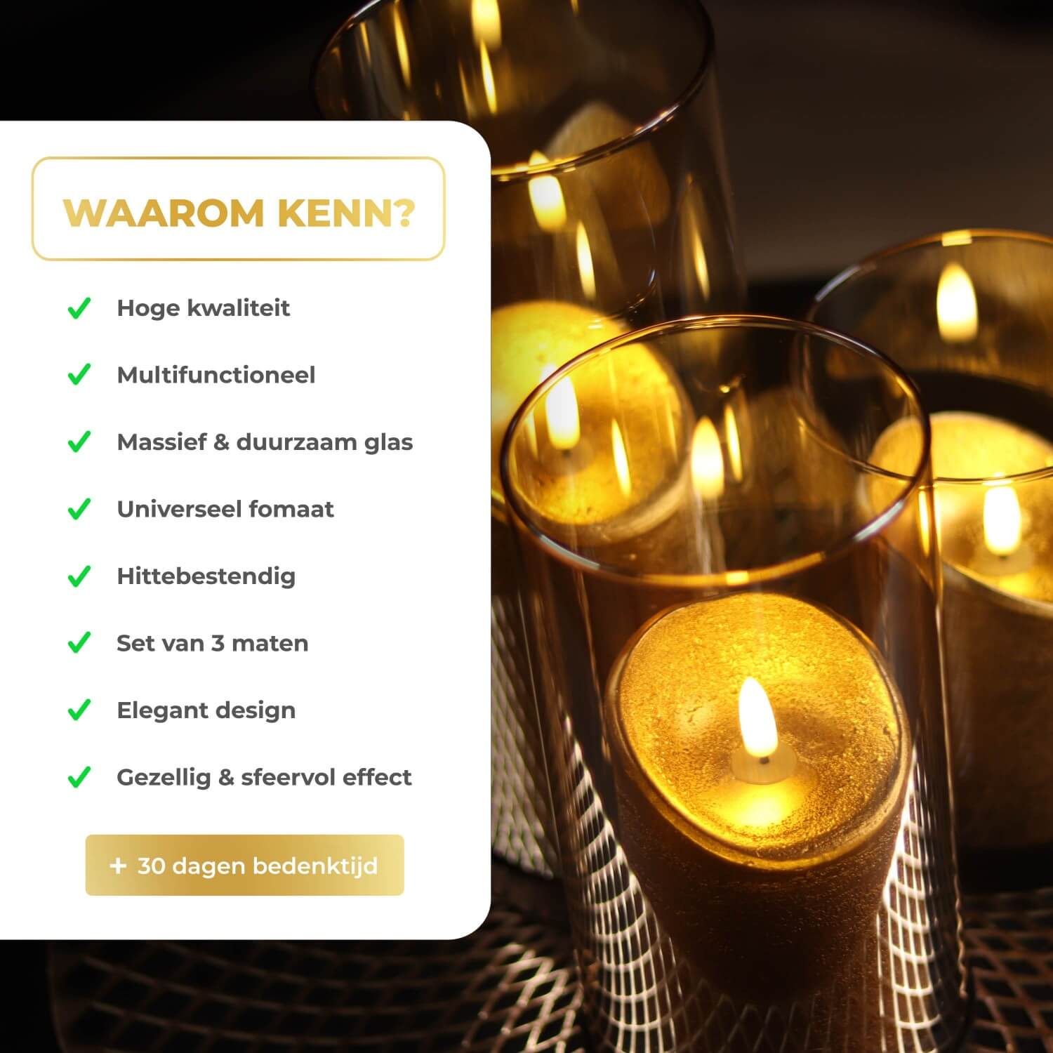 "KENN® Lichtermeer – set van 3 industriële glazen kaarsenhouders met zwarte metalen basis en zandkleurig goud glas. Stijlvol en tijdloos design dat warmte en luxe toevoegt aan je interieur. Geschikt voor verschillende kaarsformaten zoals stompkaarsen en waxinelichtjes. Gemaakt van hoogwaardig glas en metaal voor langdurig gebruik. Formaten: 15 cm, 20 cm en 25 cm hoog – ideaal als windlichten voor tafel, vensterbank of kast.