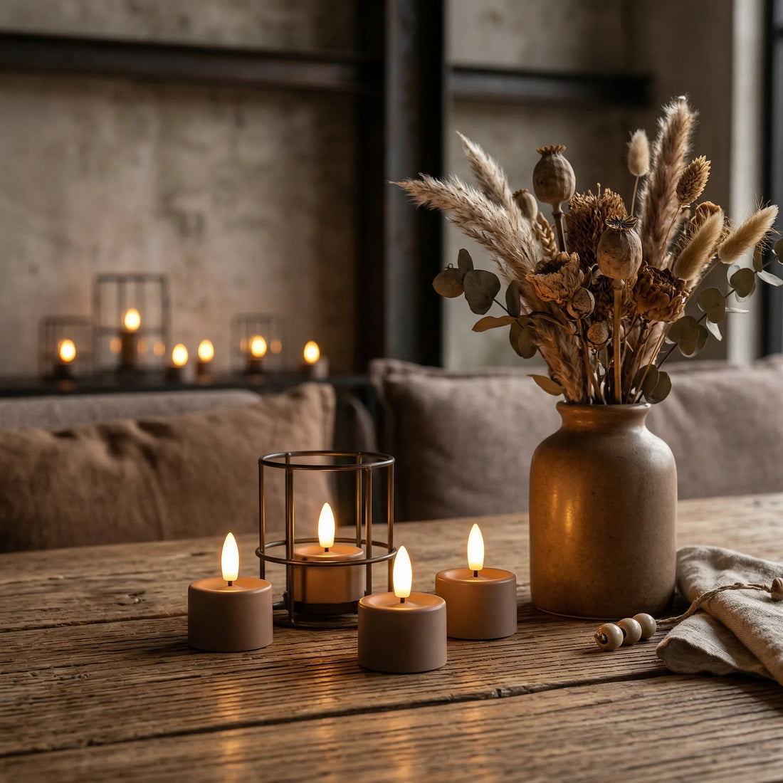 realistische LED kaarsen met bewegende vlam op een houten industriele tafel