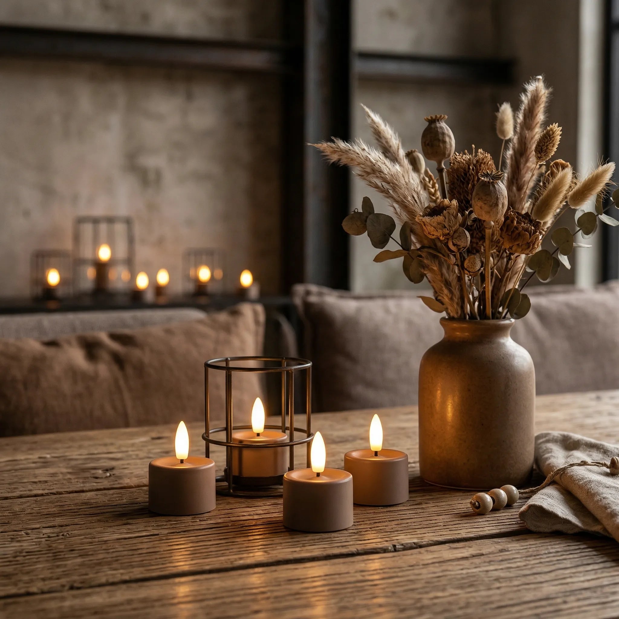 realistische LED kaarsen met bewegende vlam op een houten industriele tafel