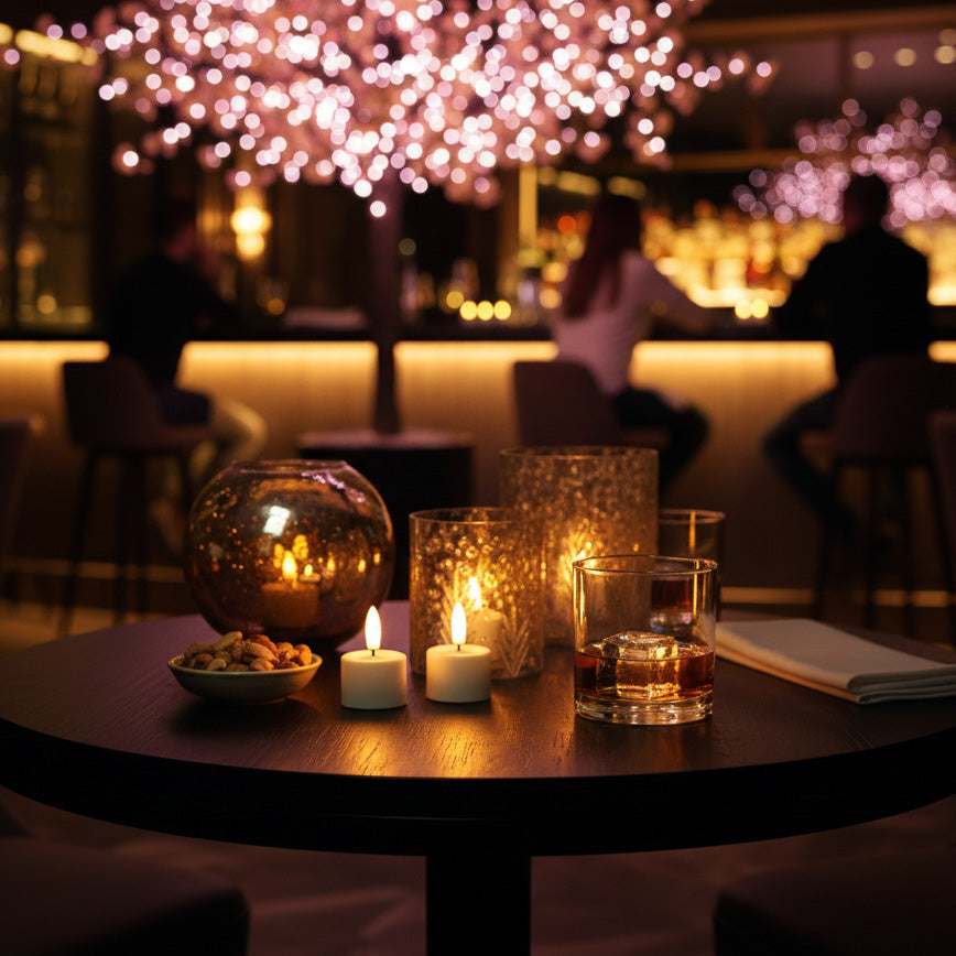 Oplaadbare LED kaarsen en waxinelichtjes in een sfeervol restaurant met warme verlichting, ideaal voor horeca gebruik
