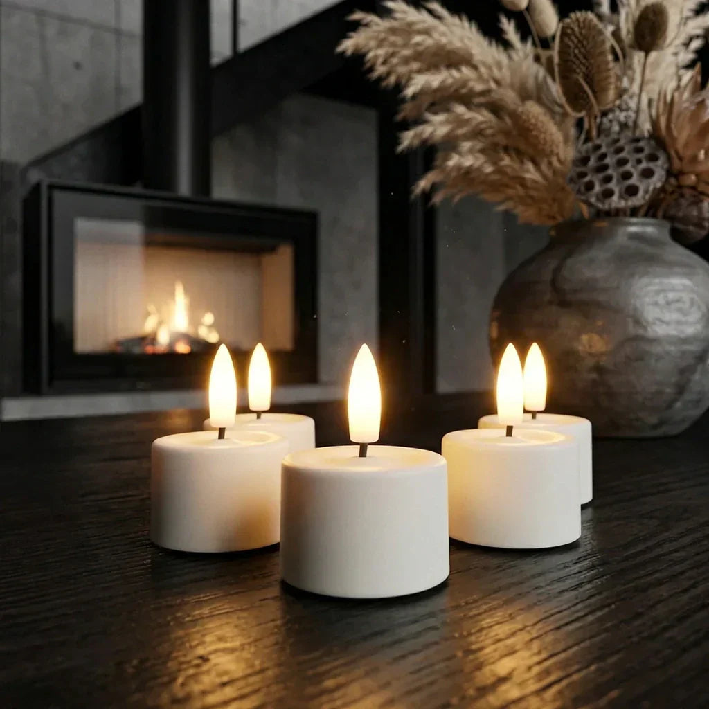 Realistische oplaadbare waxinelichtjes van KENN GlowPro op tafel in sfeervol interieur