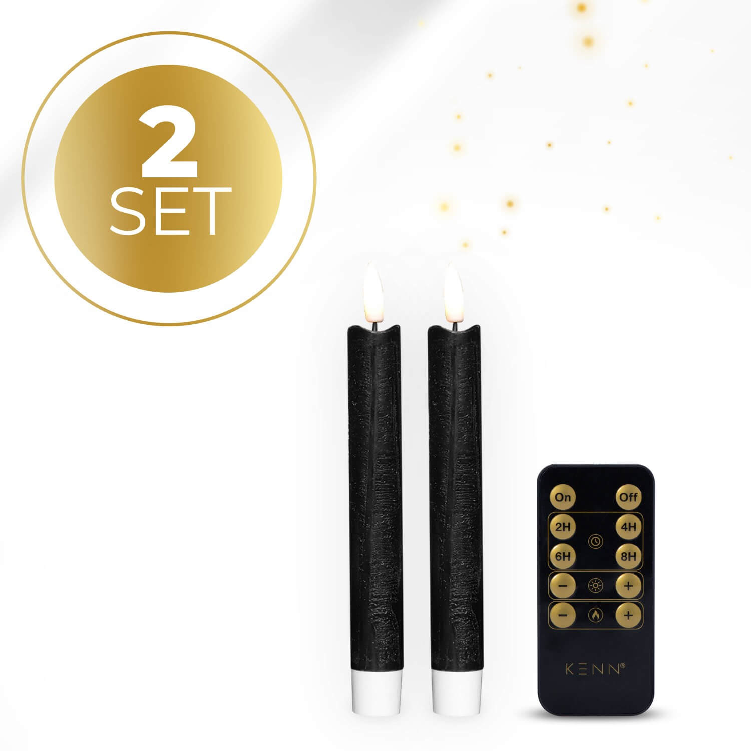 2-delige set kleine zwarte LED dinerkaarsen op batterijen van KENN® met afstandsbediening. Deze slanke nep kaarsen – ook bekend als LED kaarsen of battery-powered taper candles – zijn gemaakt van echt wax en geven een realistisch flikkerend warm wit licht. De compacte maat en diepe zwarte kleur zorgen voor een modern en stijlvol accent aan elke tafeldecoratie. Ideaal voor diners, feestdagen, horeca of sfeervolle interieurdetails. Inclusief batterijen en eenvoudig te bedienen met afstandsbediening.