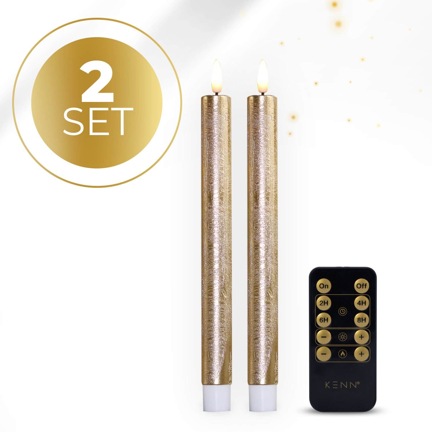 2-delige set gouden LED dinerkaarsen op batterijen van KENN® met afstandsbediening. Deze stijlvolle nep kaarsen – ook bekend als LED kaarsen of battery-powered taper candles – zijn gemaakt van echt wax en geven een flikkerend warm wit licht dat lijkt op een echte vlam. De chique goudkleur zorgt voor een feestelijke, luxe uitstraling aan elke tafelsetting, ideaal voor diners, bruiloften, feestdagen of sfeervolle interieurdecoratie. Werkt op batterijen (meegeleverd) en is eenvoudig te bedienen met de afstands