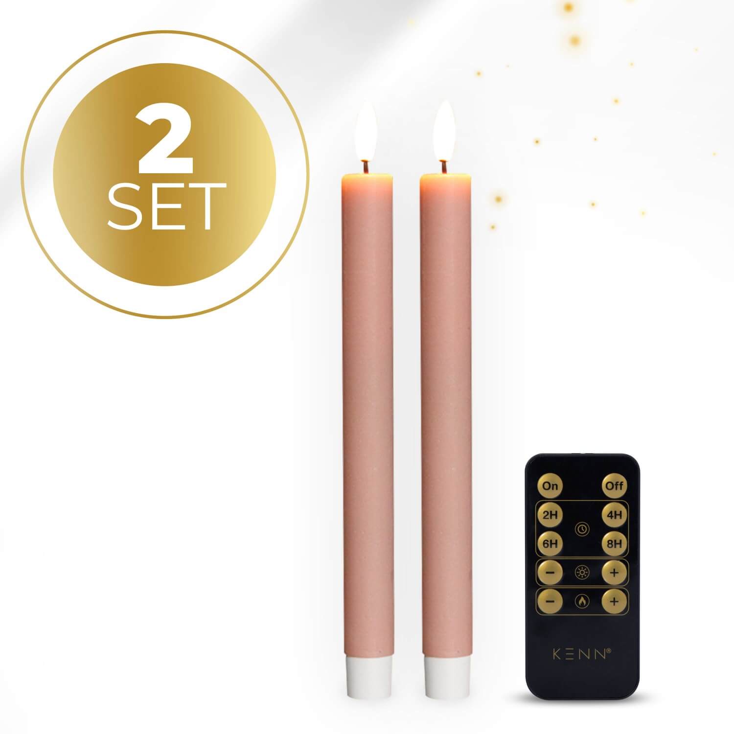 2-delige set roze LED dinerkaarsen op batterijen van KENN® met afstandsbediening. Deze stijlvolle nep kaarsen – ook bekend als LED kaarsen of battery-powered taper candles – zijn gemaakt van echt wax en geven een flikkerend warm wit licht dat doet denken aan echte vlammen. De zachte roze kleur voegt een romantische en decoratieve touch toe aan elke tafelsetting, perfect voor bruiloften, diners, verjaardagen of interieurdecoratie. Werkt op batterijen (meegeleverd).