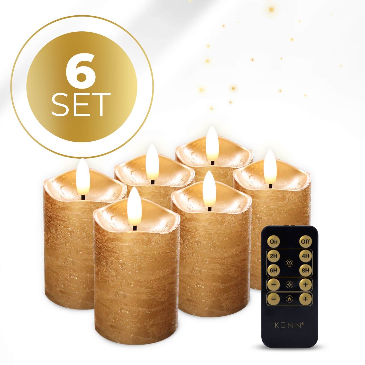 6-delige set gouden LED stompkaarsen van KENN® op batterijen, inclusief afstandsbediening. Deze luxe nep kaarsen – ook wel LED kaarsen of battery-powered pillar candles genoemd – hebben een warme goudkleurige afwerking en zorgen voor een flikkerend realistisch vlameffect. Ideaal voor sfeervolle en veilige verlichting in huis, restaurants, bruiloften of hotels. Werkt op CR2450 knoopcelbatterijen (inbegrepen) en eenvoudig te bedienen met de afstandsbediening. Perfect voor decoratie zonder vuur of rook.