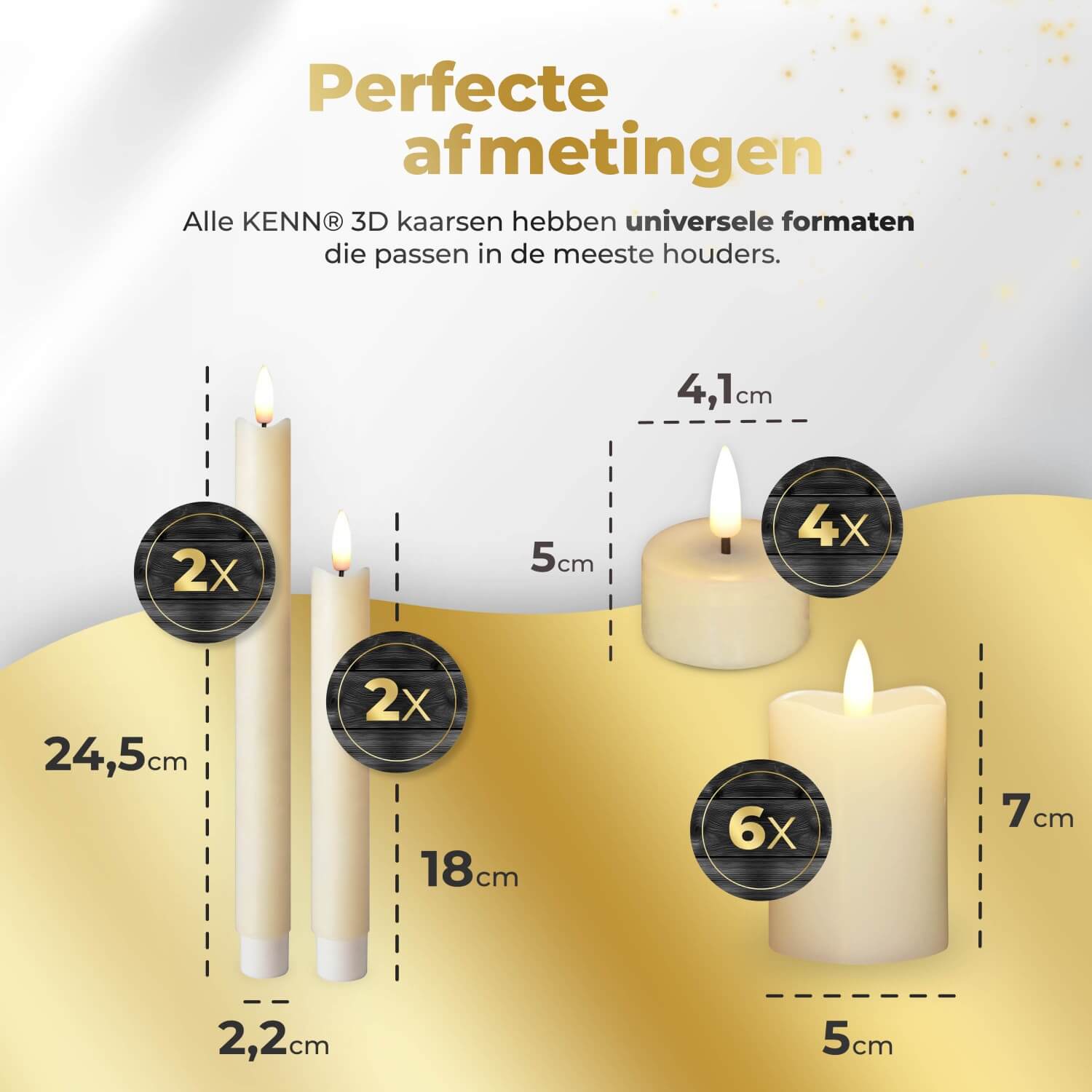 KENN® complete kaarsenbundel met 14 ivoorkleurige 3D LED kaarsen van echt wax, bestaande uit 4 waxinelichtjes, 4 dinerkaarsen en 6 stompkaarsen. De kaarsen hebben een realistisch flikkerend vlameffect en zijn uitgerust met afstandsbedieningen, dimbare lichtstanden en een instelbare timer. Perfecte nep kaarsen voor veilige, warme sfeerverlichting in huis, horeca of tijdens feestelijke gelegenheden.