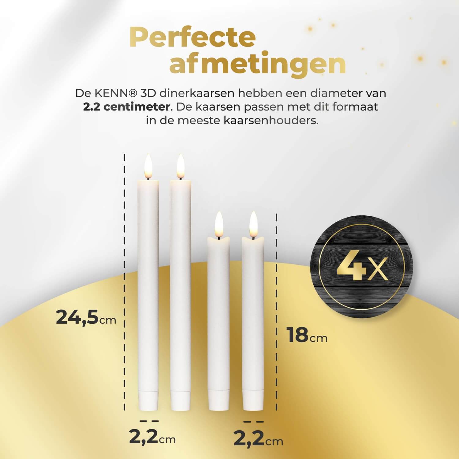 KENN® bundel met 4 witte LED dinerkaarsen van echt wax, bestaande uit 2 grote en 2 kleine kaarsen. Deze stijlvolle nep kaarsen hebben een realistisch flikkerend vlameffect, werken op batterijen en worden geleverd met afstandsbediening. Dankzij de combinatie van formaten is deze set perfect voor tafeldecoratie, diners, bruiloften of sfeervolle interieurverlichting.