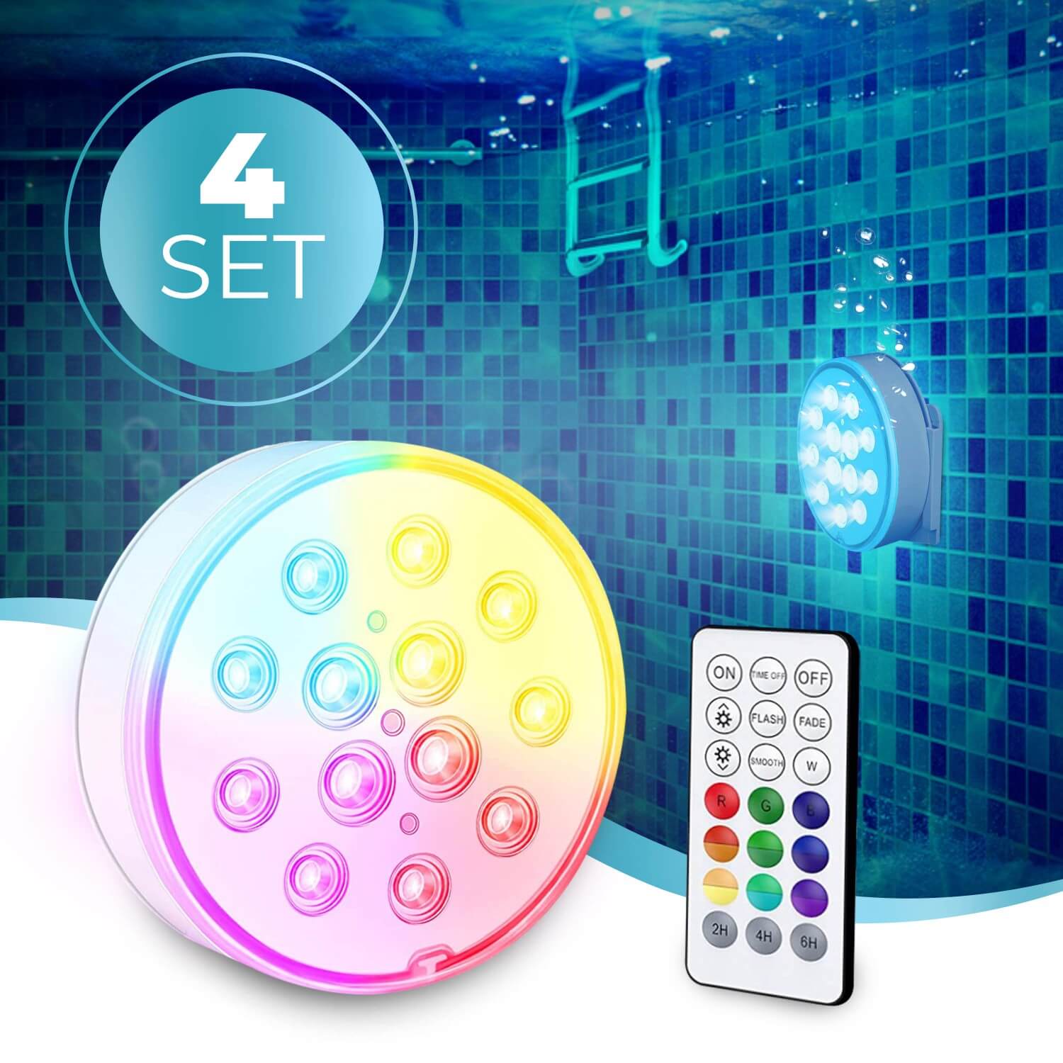 Set van 4 KENN® oplaadbare LED zwembadlampen – 100% waterdichte onderwaterverlichting (IP68) voor zwembad, jacuzzi, bad, fontein of vijver. Inclusief afstandsbediening met radiofrequentie (bereik tot 30 meter), 16 lichteffecten, 3 modi, 3 helderheidsstanden en timer. Oplaadbaar via USB, tot 20 uur gebruik. Wordt geleverd met 4 lamphouders, lijm en CE-markering – veilig, draadloos en ideaal voor een kleurrijke en ontspannende lichtshow in en rond het water.