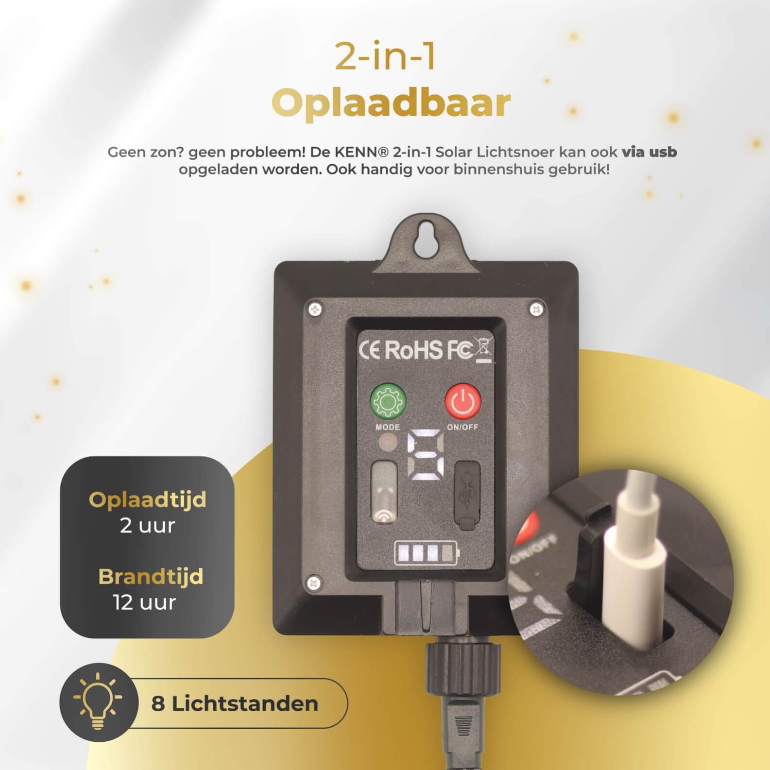 "KENN® 2-in-1 Marrakech lichtsnoer op zonne-energie – 3 meter lang LED lichtsnoer in goudkleur met geïntegreerd zonnepaneel en 8 verschillende lichtstanden, zoals knipperend en constant. Solar buitenverlichting die automatisch aangaat bij schemering. Weerbestendig (IP65), draadloos en ideaal voor sfeervolle verlichting van tuin, balkon, terras of feestelijke aankleding.