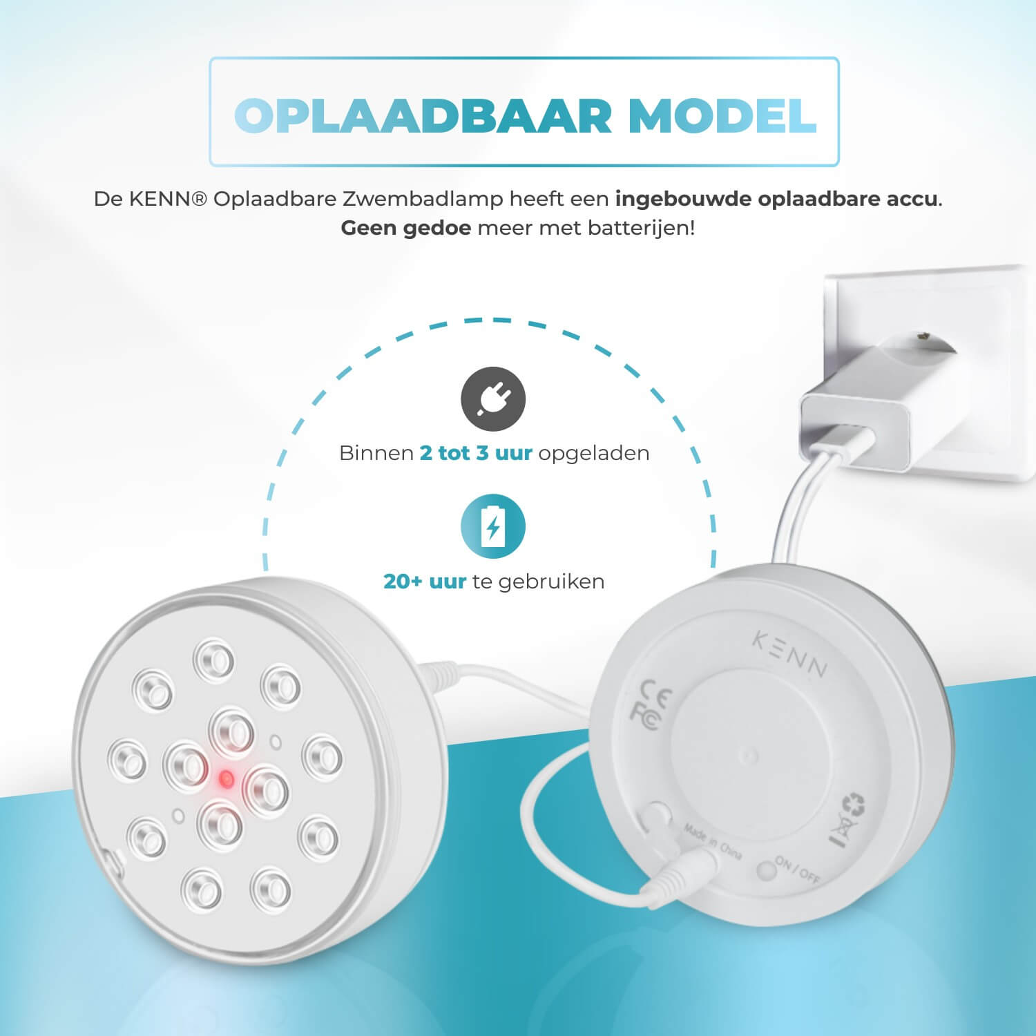 Set van 4 KENN® oplaadbare LED zwembadlampen – 100% waterdichte onderwaterverlichting (IP68) voor zwembad, jacuzzi, bad, fontein of vijver. Inclusief afstandsbediening met radiofrequentie (bereik tot 30 meter), 16 lichteffecten, 3 modi, 3 helderheidsstanden en timer. Oplaadbaar via USB, tot 20 uur gebruik. Wordt geleverd met 4 lamphouders, lijm en CE-markering – veilig, draadloos en ideaal voor een kleurrijke en ontspannende lichtshow in en rond het water.