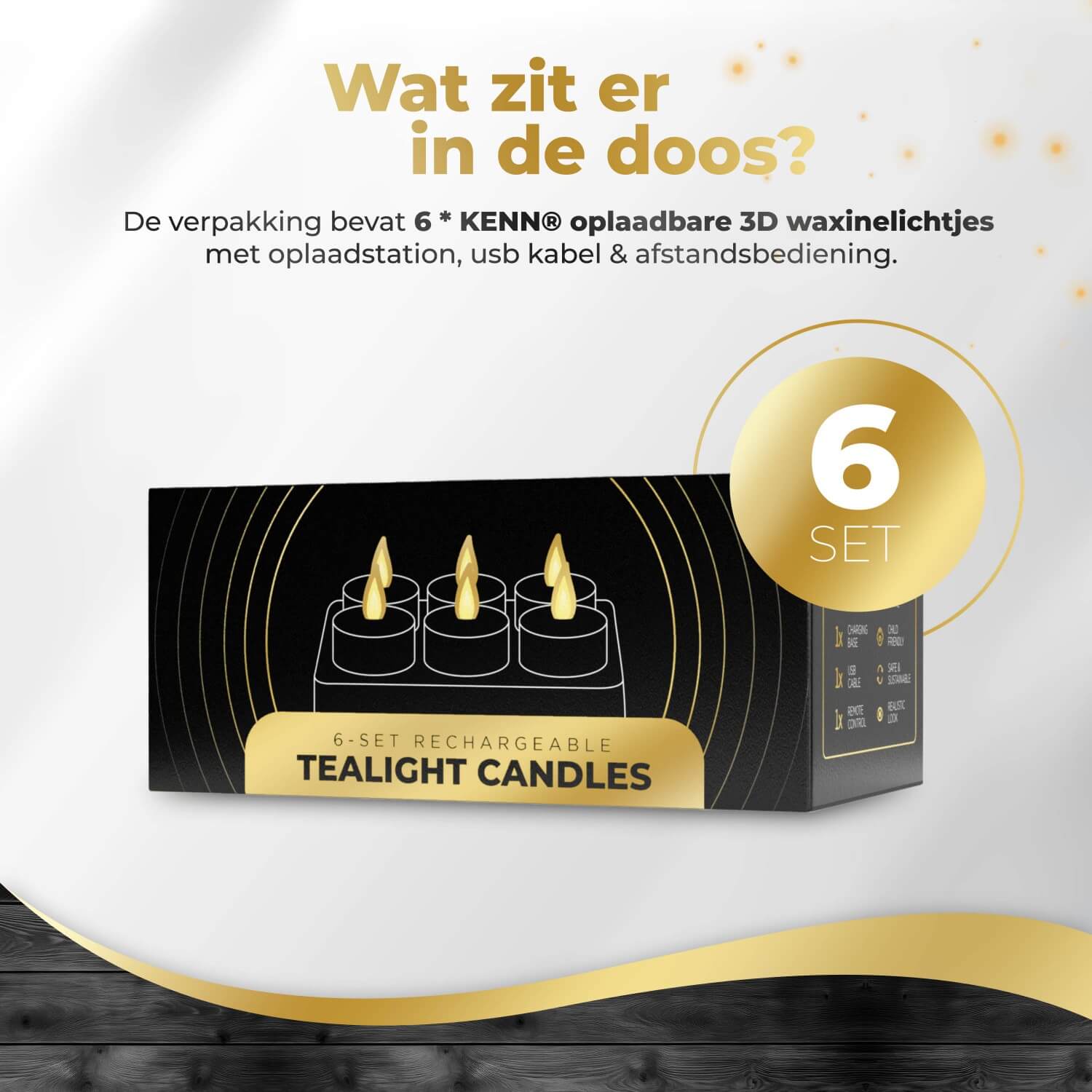 6-delige set oplaadbare LED waxinelichtjes van KENN® met afstandsbediening en laadstation – deze compacte rechargeable tealights zijn energiezuinige nep kaarsen die warm wit flikkerend licht geven, ideaal als oplaadbare theelichten voor horeca, decoratie of sfeervol thuisgebruik zonder vuur