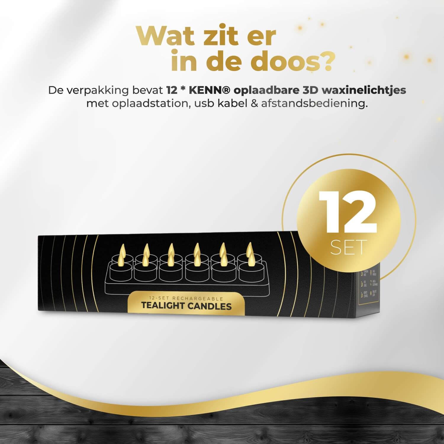 12-delige set oplaadbare LED waxinelichtjes van KENN® – inclusief laadstation en afstandsbediening. Deze duurzame nep kaarsen (ook wel rechargeable tealights of oplaadbare theelichten genoemd) geven een realistisch flikkerend warm wit licht, ideaal voor horeca, huisdecoratie of veilige sfeerverlichting zonder open vuur.