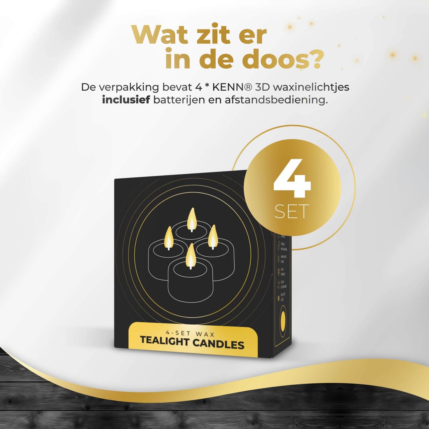 4-delige set ivoorkleurige LED waxinelichtjes op batterijen van KENN®, met afstandsbediening. Deze elegante LED kaarsen – ook wel bekend als nep kaarsen, LED theelichten of battery-powered tealights – hebben een zachte ivoorkleur en geven een realistisch flikkerend warm wit licht. Perfect voor veilige sfeerverlichting zonder open vuur, ideaal voor tafeldecoratie, bruiloften, horeca of dagelijks gebruik. Inclusief CR2450 batterijen en afstandsbediening.