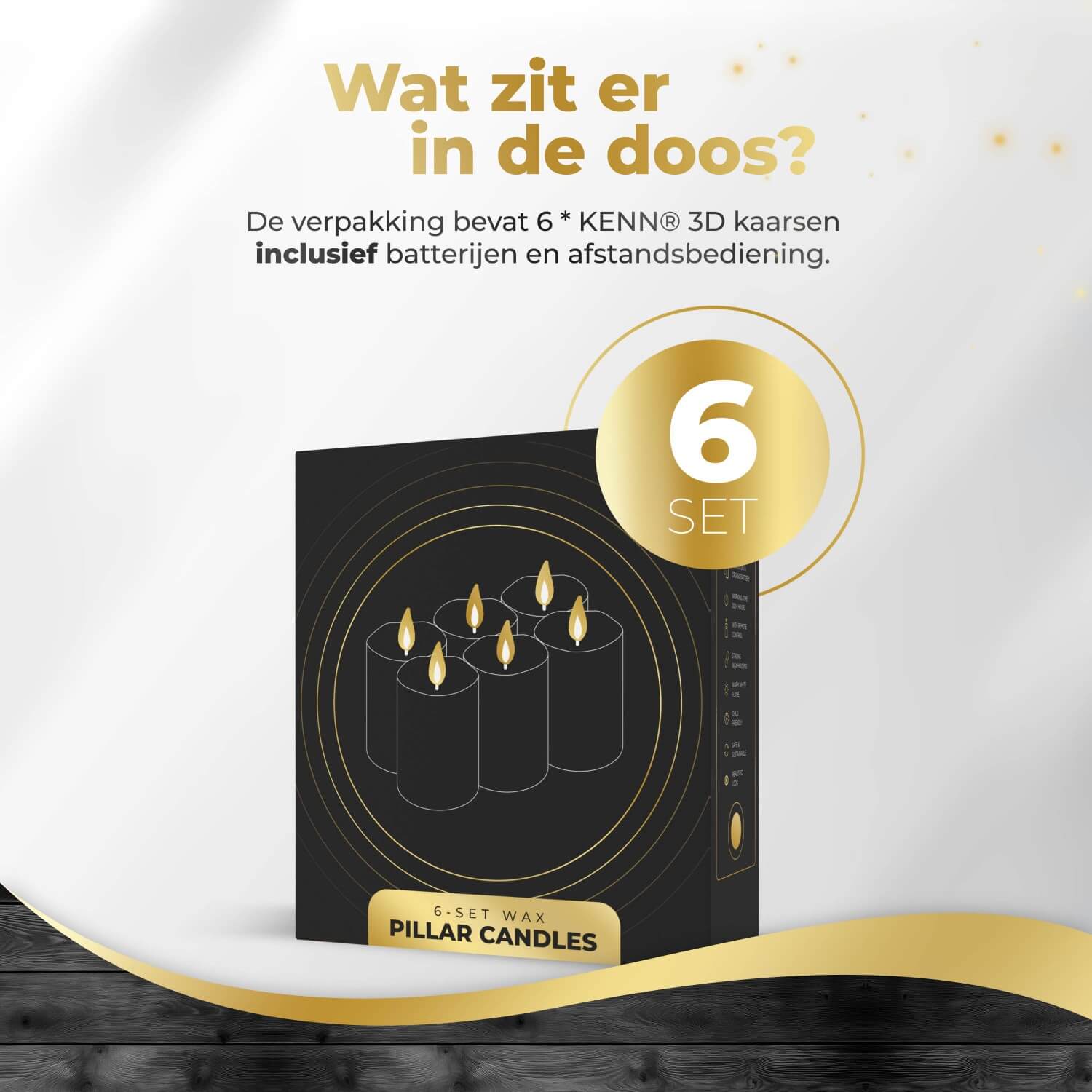 6-delige set gouden LED stompkaarsen van KENN® op batterijen, inclusief afstandsbediening. Deze luxe nep kaarsen – ook wel LED kaarsen of battery-powered pillar candles genoemd – hebben een warme goudkleurige afwerking en zorgen voor een flikkerend realistisch vlameffect. Ideaal voor sfeervolle en veilige verlichting in huis, restaurants, bruiloften of hotels. Werkt op CR2450 knoopcelbatterijen (inbegrepen) en eenvoudig te bedienen met de afstandsbediening. Perfect voor decoratie zonder vuur of rook.