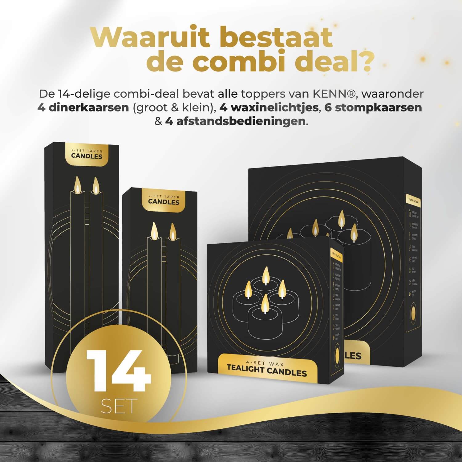 KENN® complete kaarsenbundel met 14 taupekleurige 3D LED kaarsen van echt wax, bestaande uit 4 waxinelichtjes, 4 dinerkaarsen en 6 stompkaarsen. De kaarsen zijn voorzien van een realistisch flikkerend vlameffect en worden geleverd met meerdere afstandsbedieningen. Dankzij de dimbare helderheid en instelbare timer zijn deze nep kaarsen perfect voor veilige sfeerverlichting in huis, horeca of tijdens feesten.