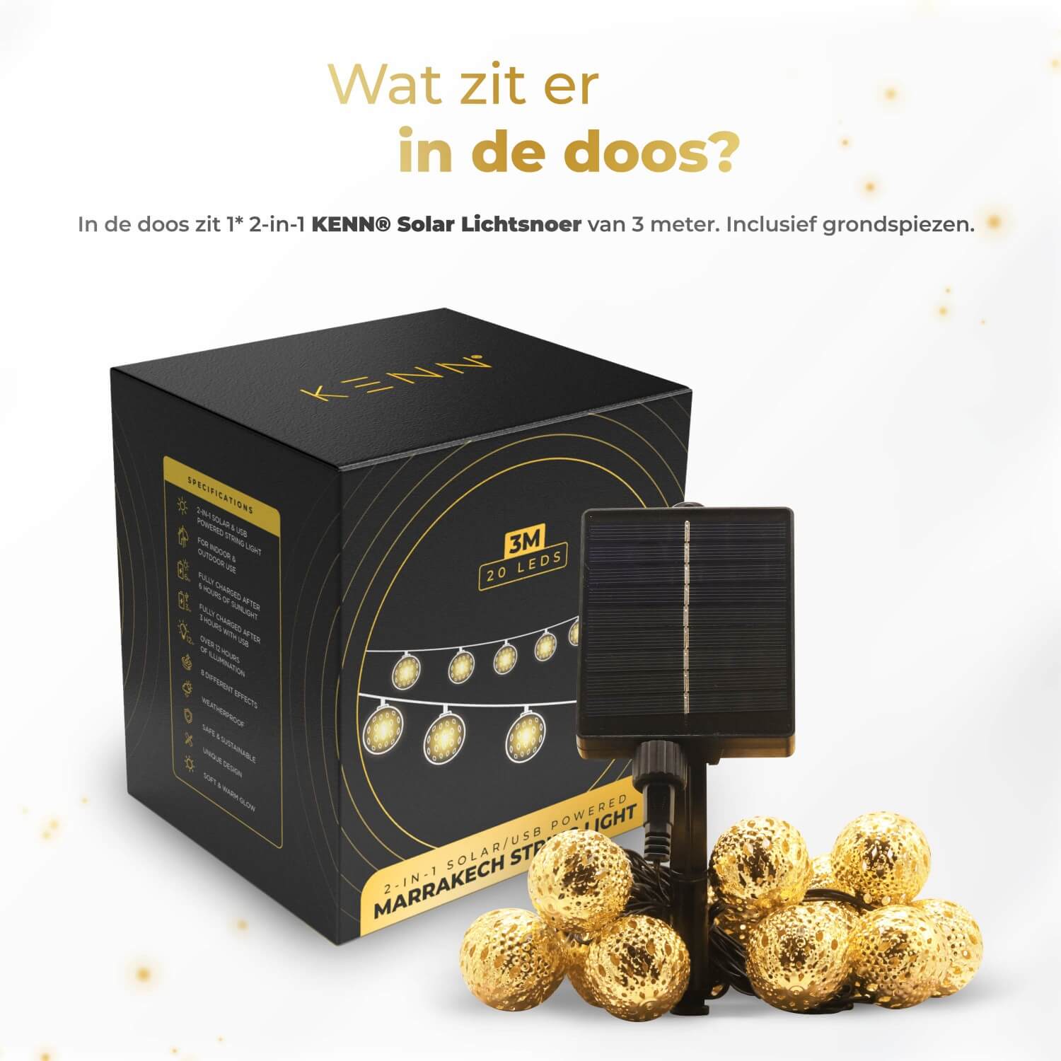 "KENN® 2-in-1 Marrakech lichtsnoer op zonne-energie – 3 meter lang LED lichtsnoer in goudkleur met geïntegreerd zonnepaneel en 8 verschillende lichtstanden, zoals knipperend en constant. Solar buitenverlichting die automatisch aangaat bij schemering. Weerbestendig (IP65), draadloos en ideaal voor sfeervolle verlichting van tuin, balkon, terras of feestelijke aankleding.