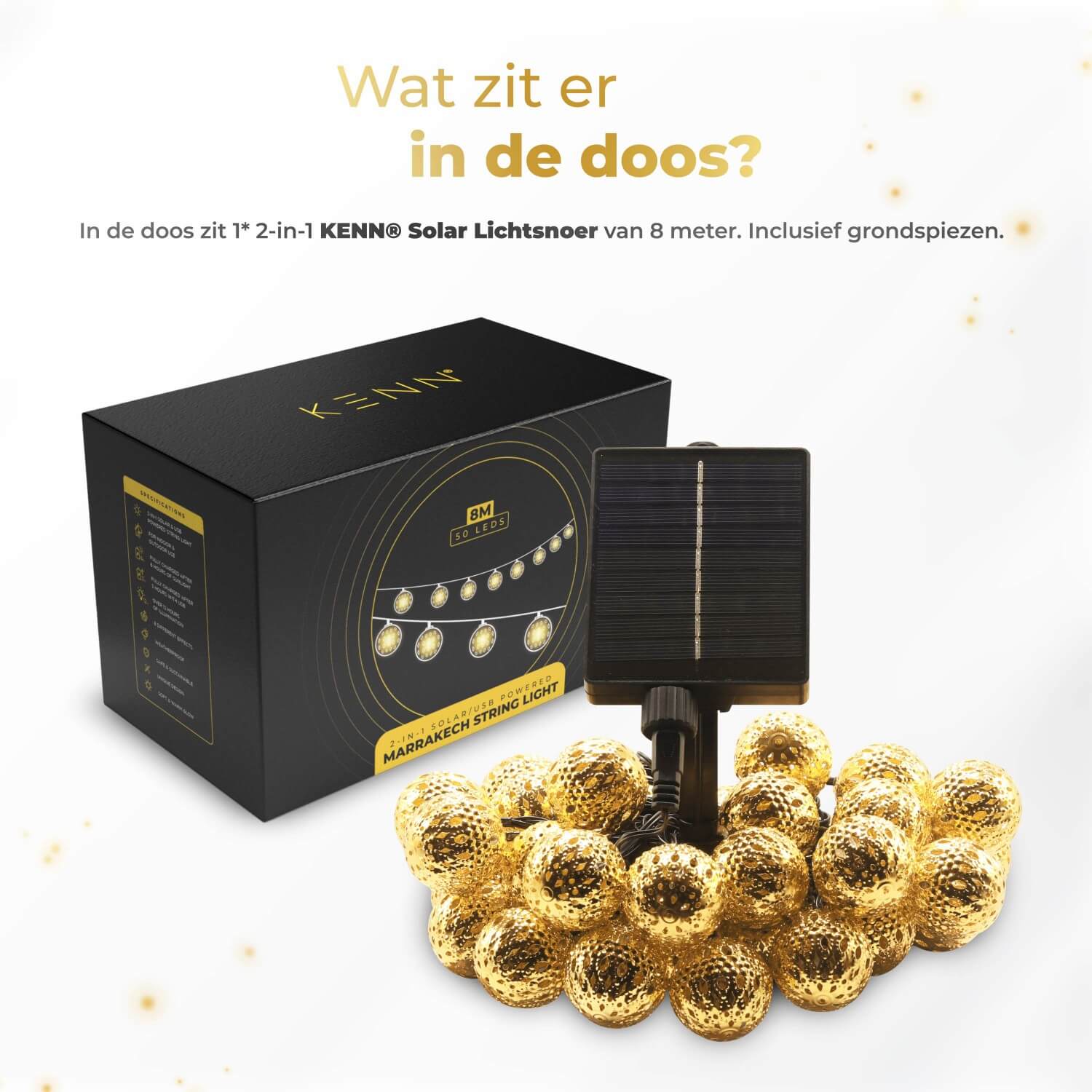 KENN® 2-in-1 Marrakech lichtsnoer op zonne-energie – 8 meter lang LED lichtsnoer in goudkleur met geïntegreerd zonnepaneel en 8 instelbare lichtstanden, waaronder knipperend en constant. Solar buitenverlichting die automatisch inschakelt bij schemering. Weerbestendig, draadloos en ideaal voor sfeervolle decoratie van tuin, terras, balkon of feestlocatie.