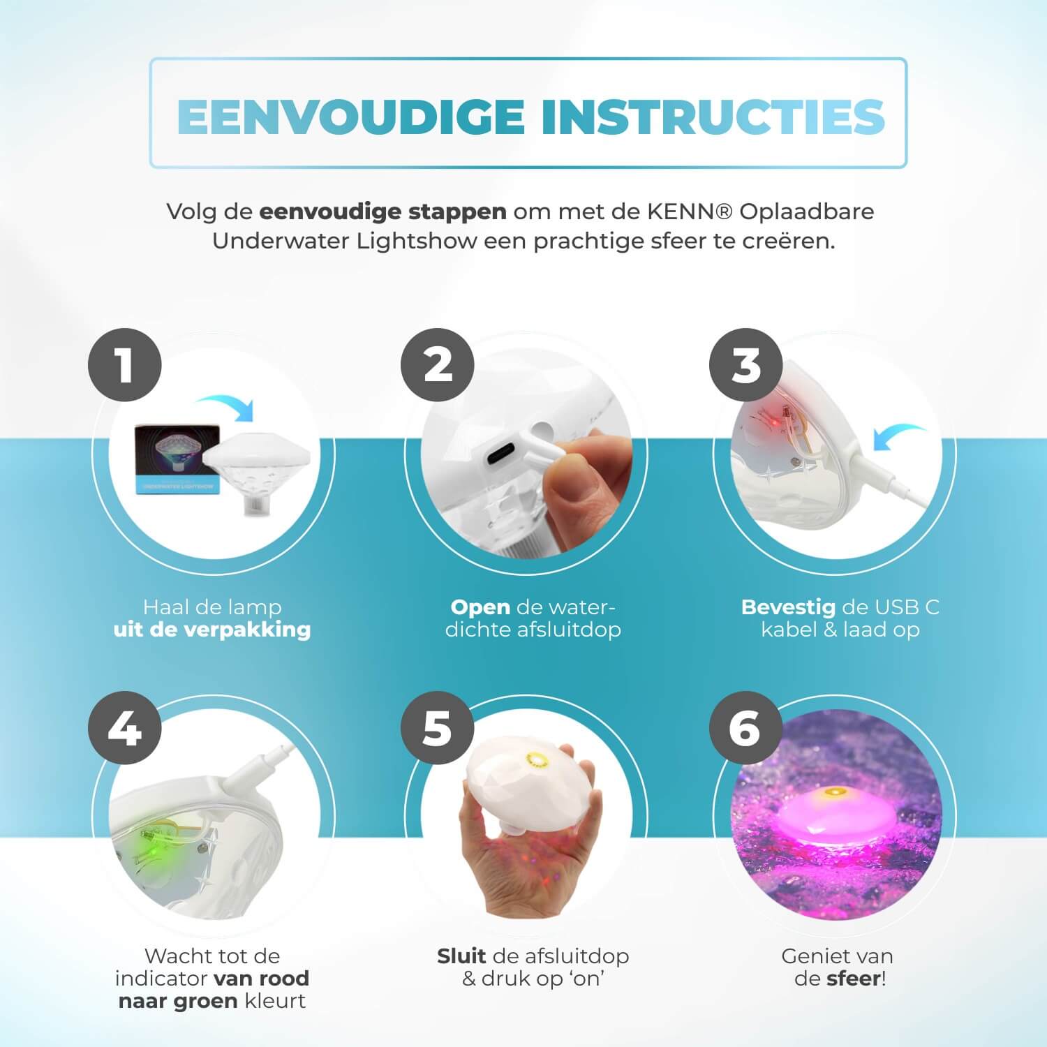 KENN® oplaadbare drijvende onderwater lichtshow met kleurrijke LED-verlichting en automatische kleurenwissel. Deze waterdichte lichtbol is ideaal voor sfeerverlichting in zwembad, jacuzzi, bad, spa of tijdens tuinfeestjes. Werkt zonder batterijen dankzij USB-oplaadfunctie en is perfect geschikt voor ontspanning of feestelijke momenten op het water.