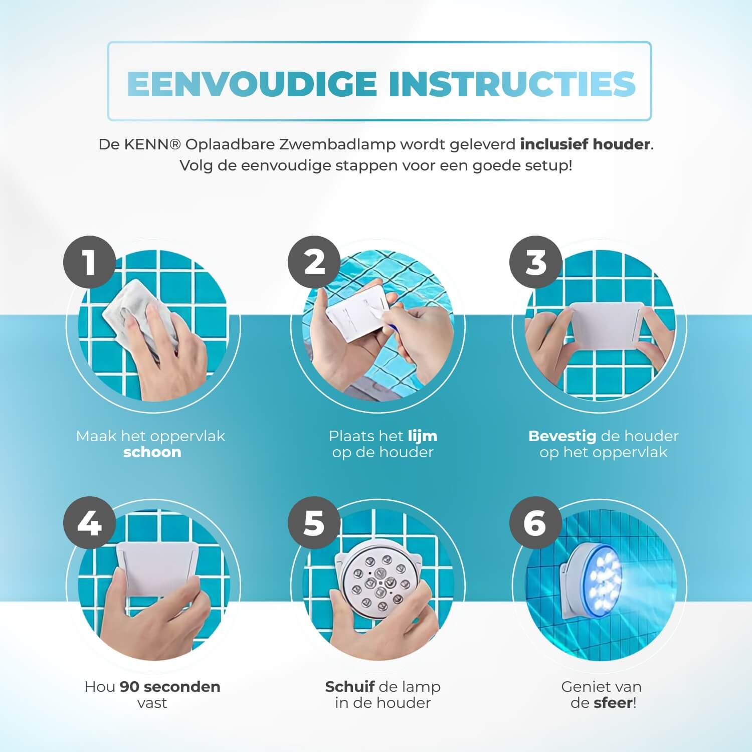 KENN® oplaadbare LED zwembadverlichting – waterdichte onderwaterlamp (IP68) met afstandsbediening, 16 kleurrijke lichteffecten, 3 lichtmodi, timer en helderheidsstanden. Oplaadbaar via USB, tot 20 uur gebruik. Inclusief lamphouder met lijm, ideaal voor zwembad, jacuzzi, fontein, bad of vijver. Veilig, draadloos en eenvoudig te bevestigen – perfect voor een sfeervolle lichtshow in water.