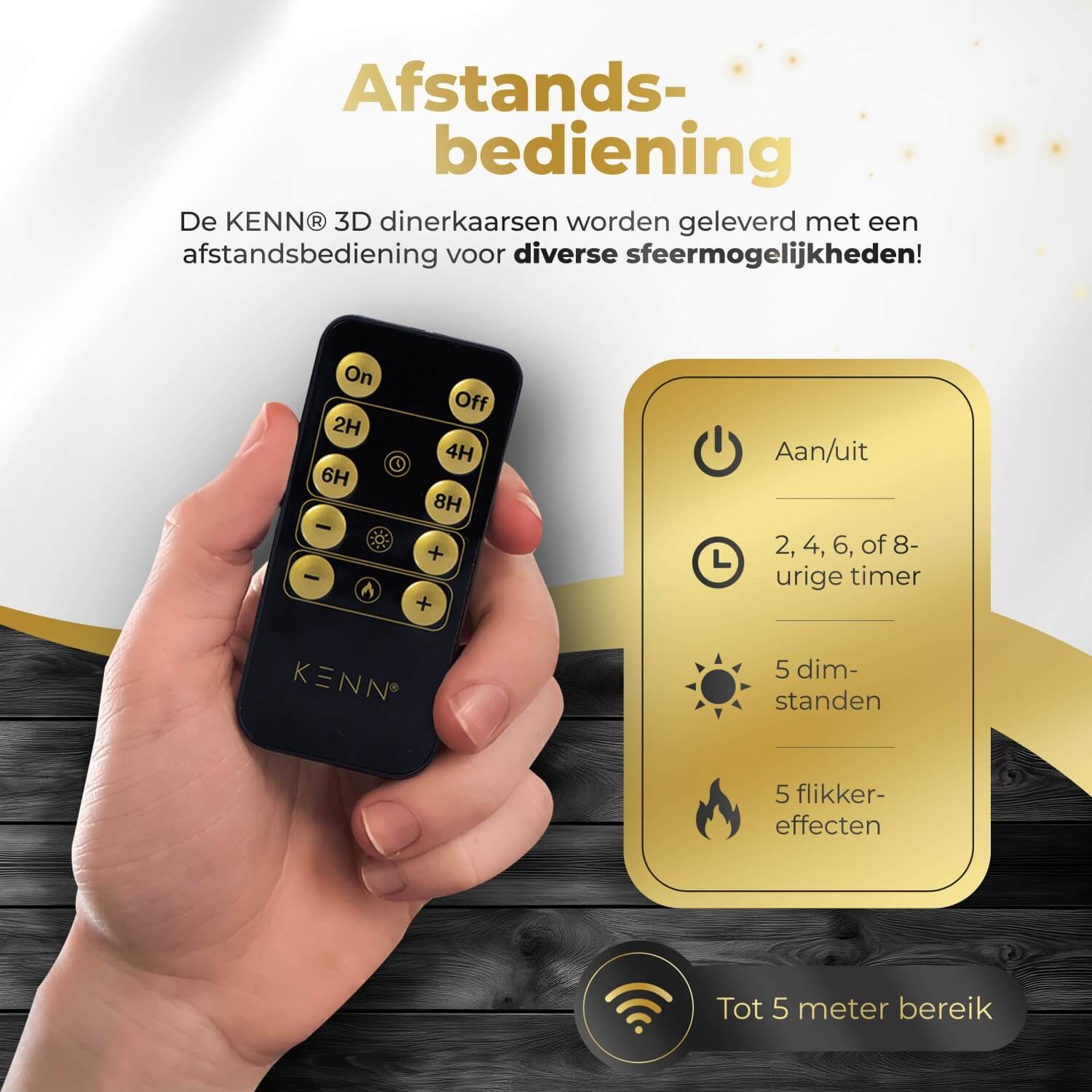 2-delige set gouden LED dinerkaarsen op batterijen van KENN® met afstandsbediening. Deze stijlvolle nep kaarsen – ook bekend als LED kaarsen of battery-powered taper candles – zijn gemaakt van echt wax en geven een flikkerend warm wit licht dat lijkt op een echte vlam. De chique goudkleur zorgt voor een feestelijke, luxe uitstraling aan elke tafelsetting, ideaal voor diners, bruiloften, feestdagen of sfeervolle interieurdecoratie. 