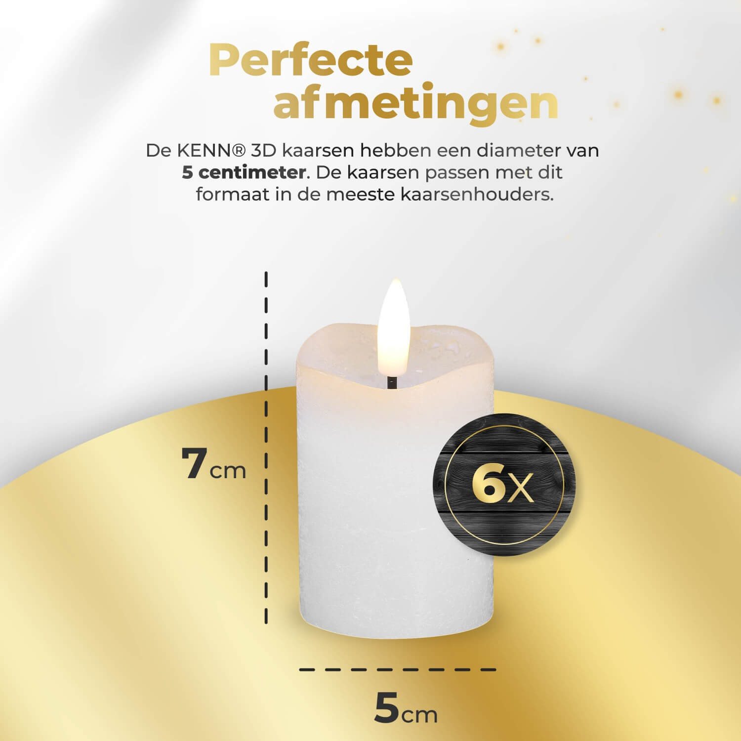 6-delige set witte LED stompkaarsen van KENN® met afstandsbediening. Deze stijlvolle nep kaarsen zijn gemaakt van echt wax en geven een realistisch flikkerend warm wit licht. De kaarsen zijn dimbaar en voorzien van een timerfunctie. Ideaal voor veilige sfeerverlichting zonder vuur, geschikt voor thuisgebruik, horeca of feestelijke decoratie. Werkt op CR2450 batterijen (meegeleverd).
