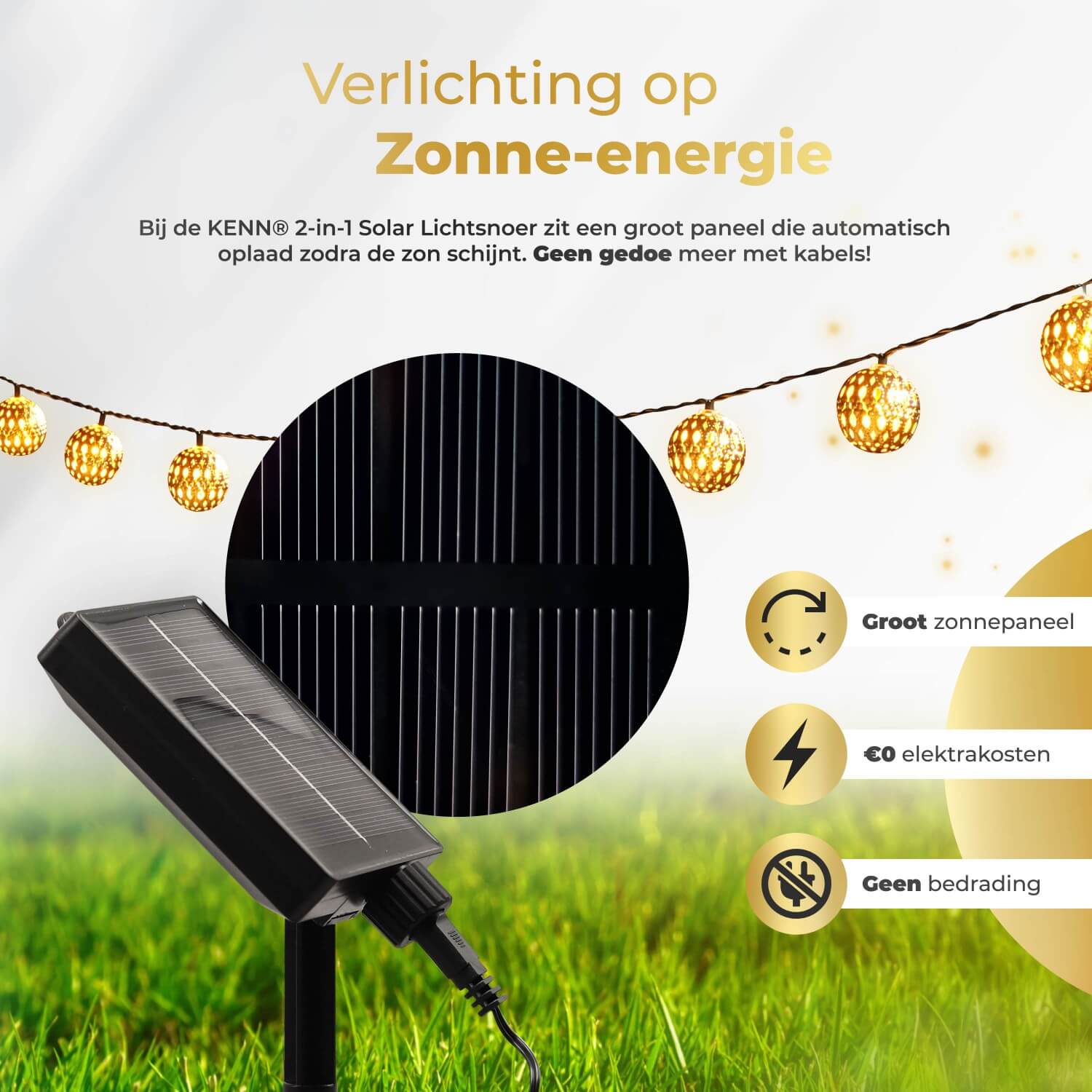 KENN® 2-in-1 Marrakech lichtsnoer op zonne-energie – 8 meter lang LED lichtsnoer in goudkleur met geïntegreerd zonnepaneel en 8 instelbare lichtstanden, waaronder knipperend en constant. Solar buitenverlichting die automatisch inschakelt bij schemering. Weerbestendig, draadloos en ideaal voor sfeervolle decoratie van tuin, terras, balkon of feestlocatie.