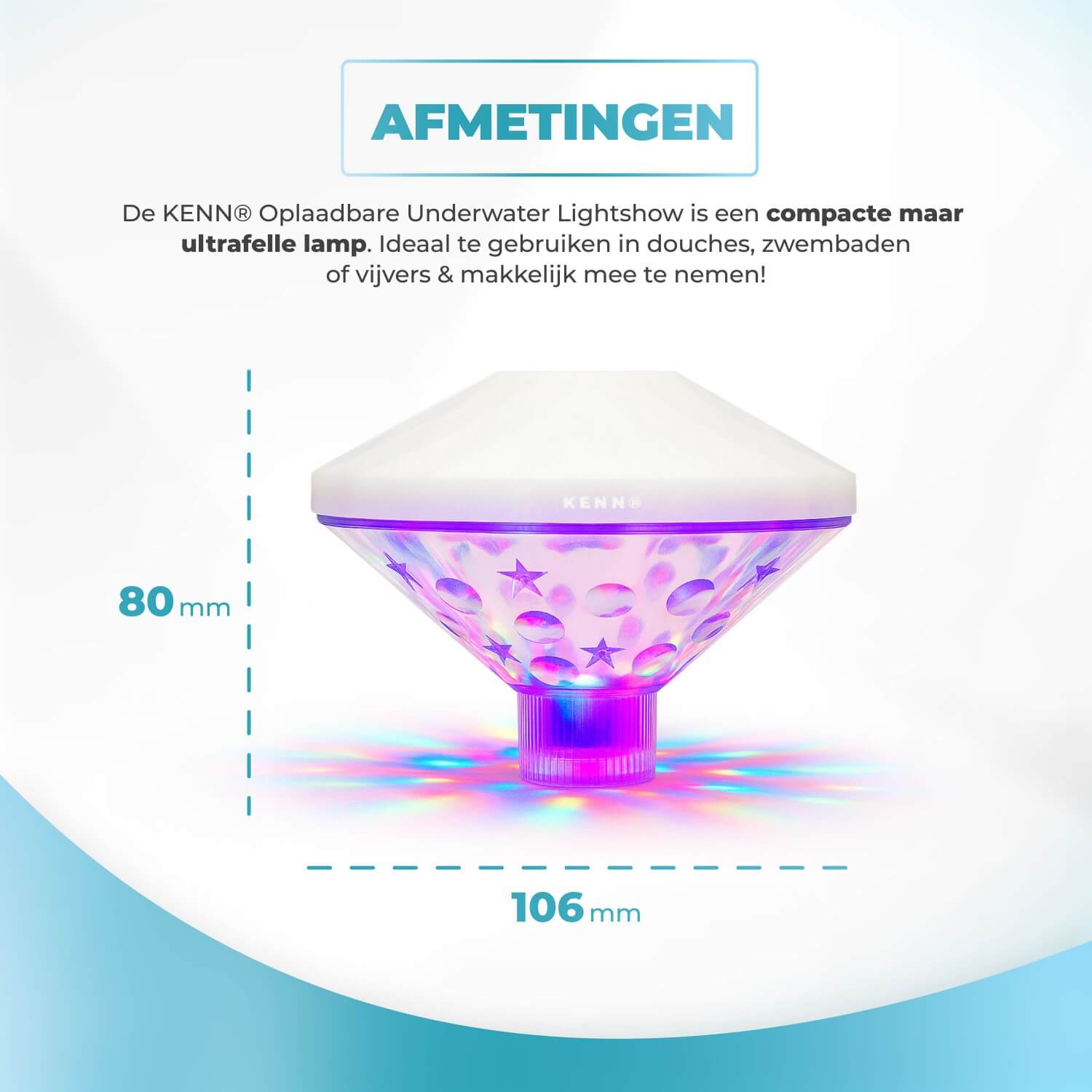KENN® oplaadbare drijvende onderwater lichtshow met kleurrijke LED-verlichting en automatische kleurenwissel. Deze waterdichte lichtbol is ideaal voor sfeerverlichting in zwembad, jacuzzi, bad, spa of tijdens tuinfeestjes. Werkt zonder batterijen dankzij USB-oplaadfunctie en is perfect geschikt voor ontspanning of feestelijke momenten op het water.