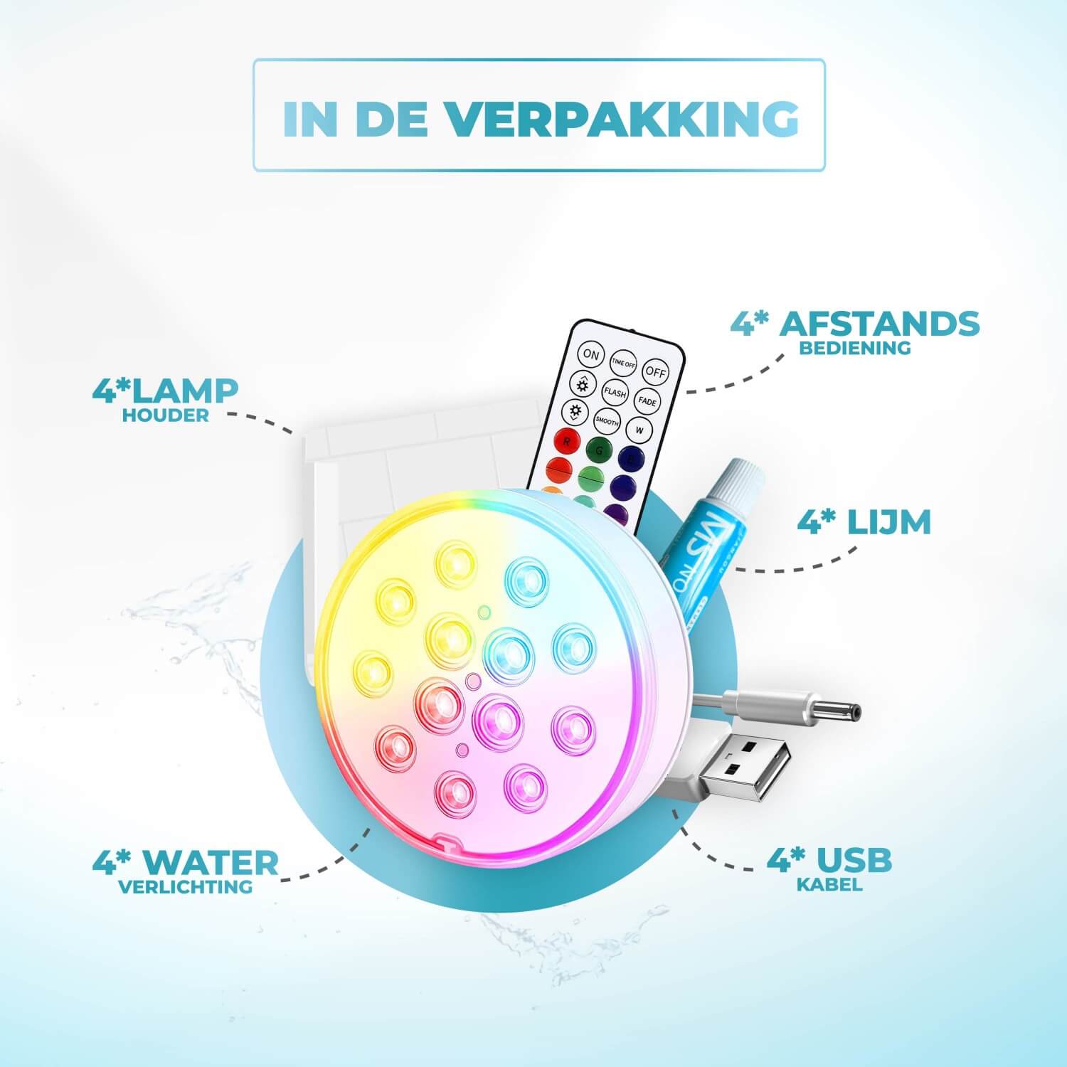 Set van 4 KENN® oplaadbare LED zwembadlampen – 100% waterdichte onderwaterverlichting (IP68) voor zwembad, jacuzzi, bad, fontein of vijver. Inclusief afstandsbediening met radiofrequentie (bereik tot 30 meter), 16 lichteffecten, 3 modi, 3 helderheidsstanden en timer. Oplaadbaar via USB, tot 20 uur gebruik. Wordt geleverd met 4 lamphouders, lijm en CE-markering – veilig, draadloos en ideaal voor een kleurrijke en ontspannende lichtshow in en rond het water.